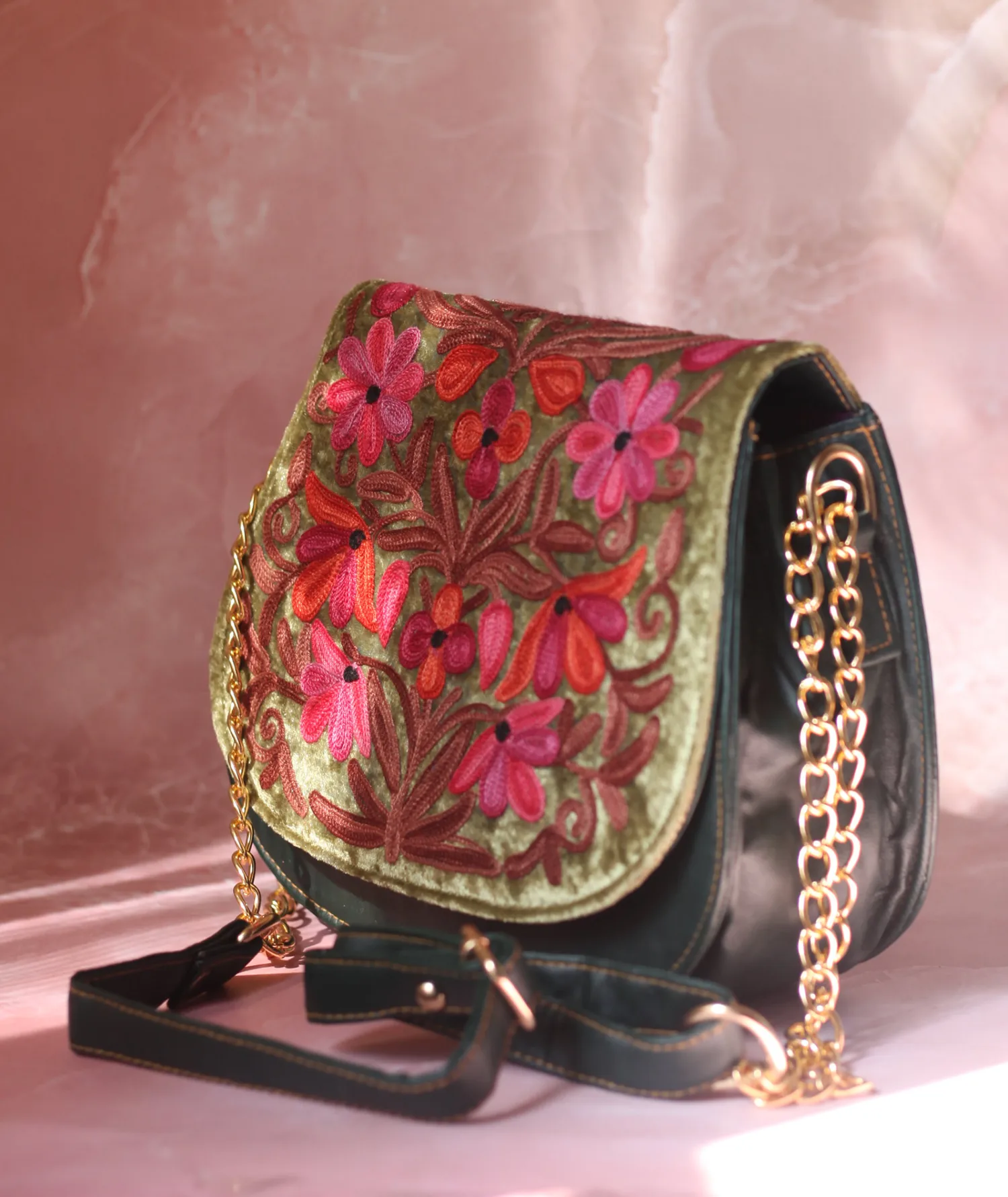 Olive Aari Embroidered Full Flap Sling Bag