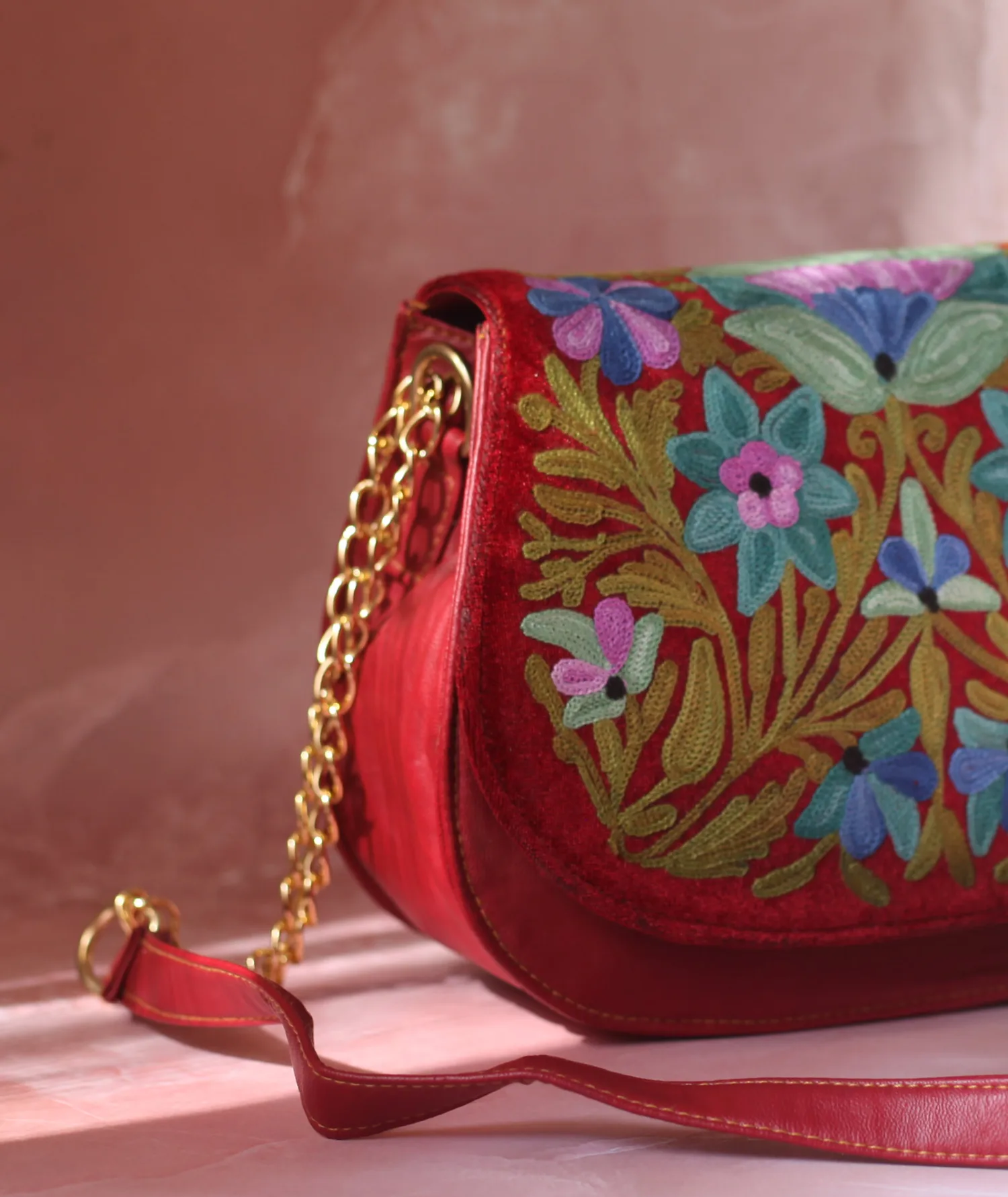 Maroon Aari Embroidered Full Flap Sling Bag