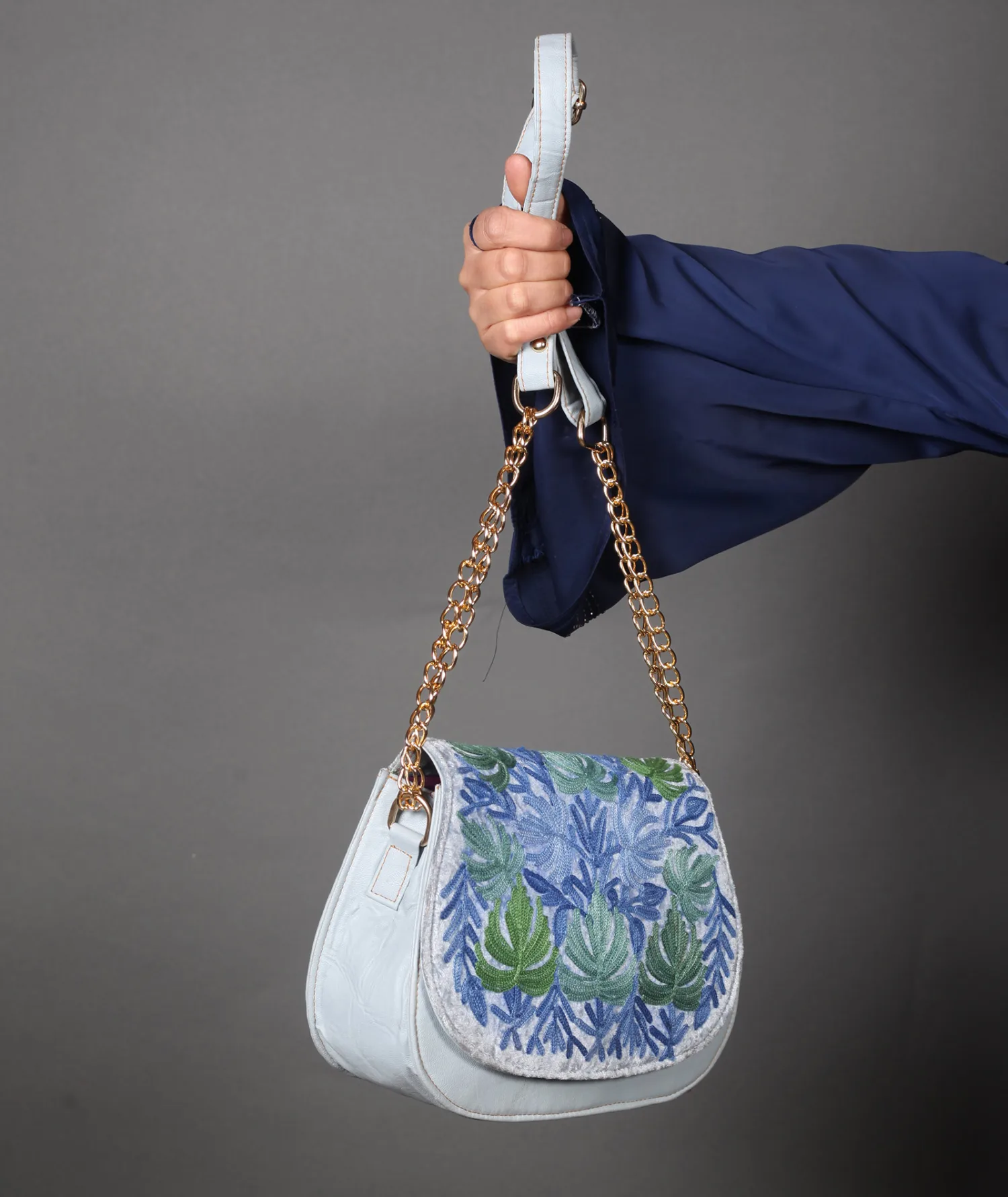 Sky Blue Aari Embroidered Full Flap Sling Bag