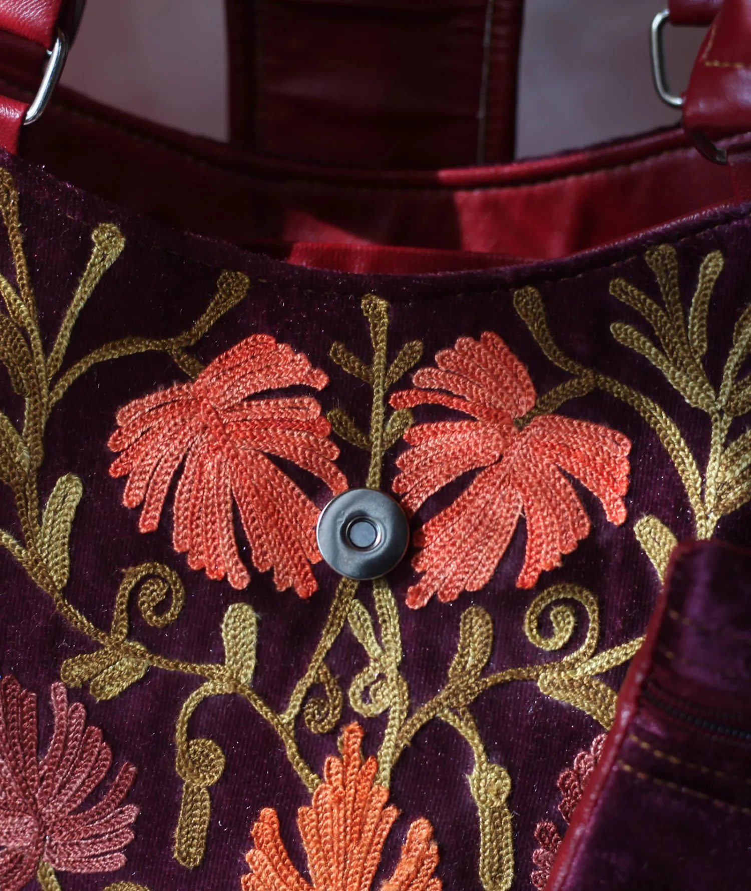 Velvet Maroon Embroidered Hand Bag | Double Zip | With Free Pouch