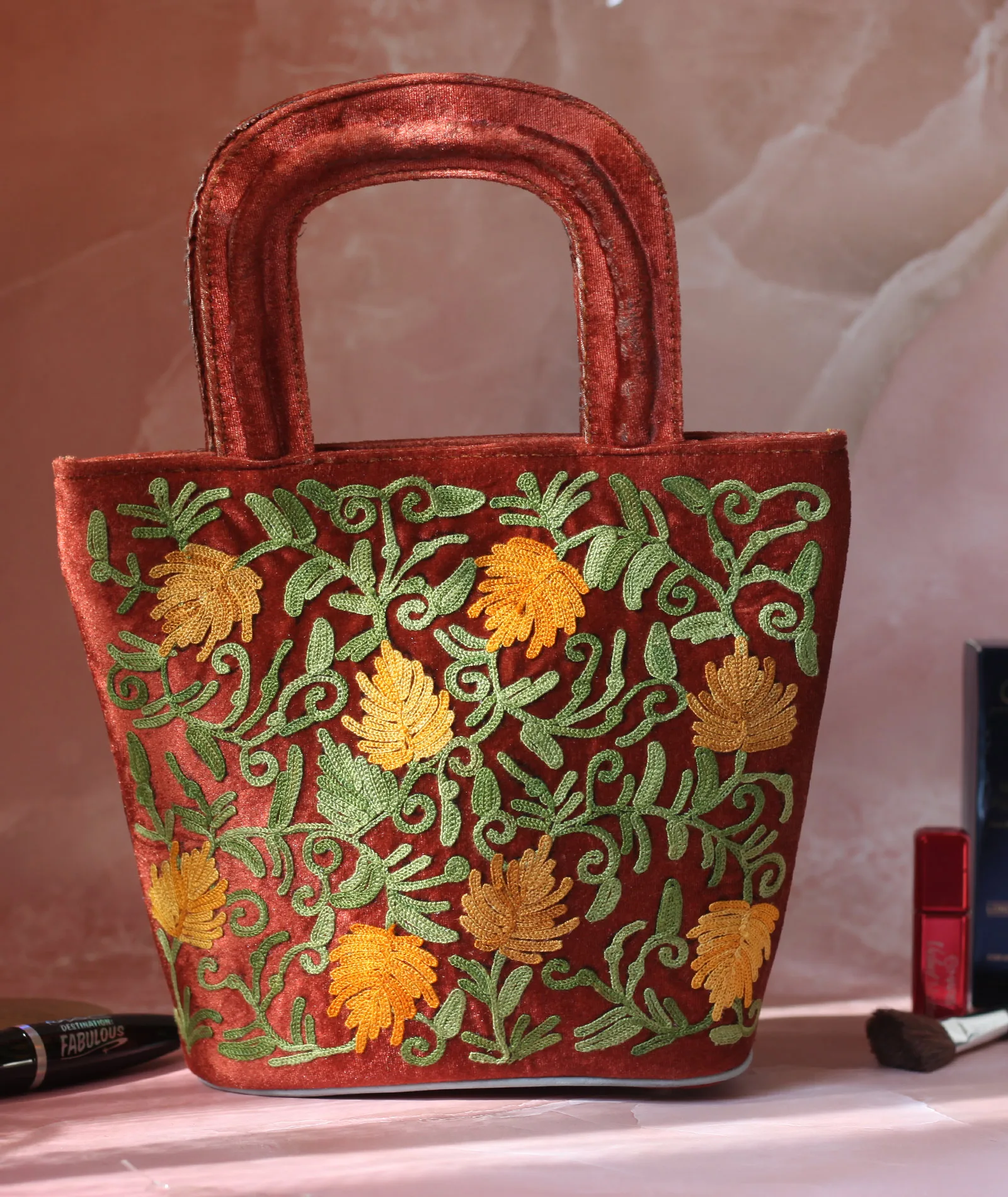 Rust Velvet Aari Enbroidered Small Hand Bag