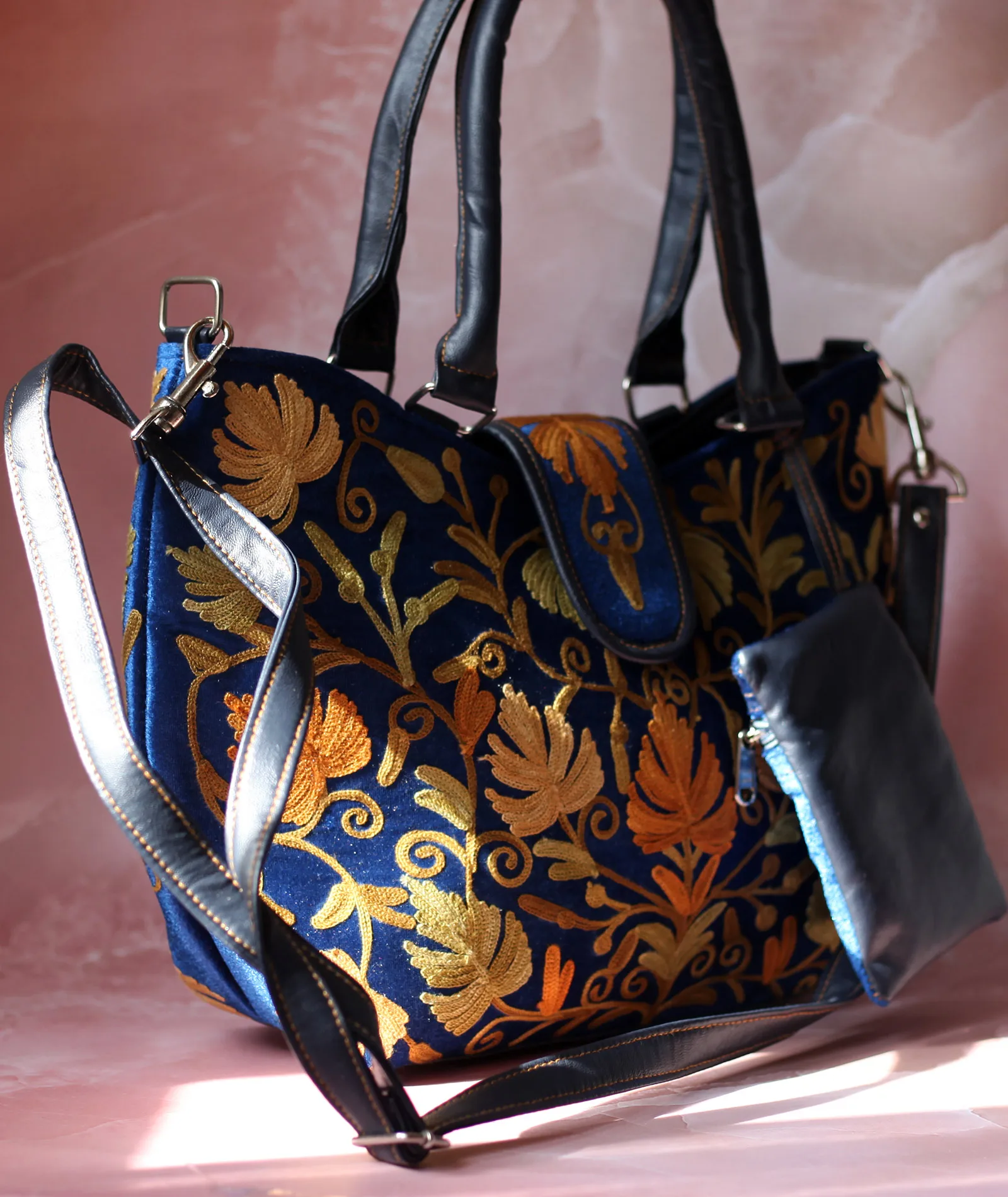 Blue Velvet Embroidered Hand Bag | Double Zip | With Free Pouch