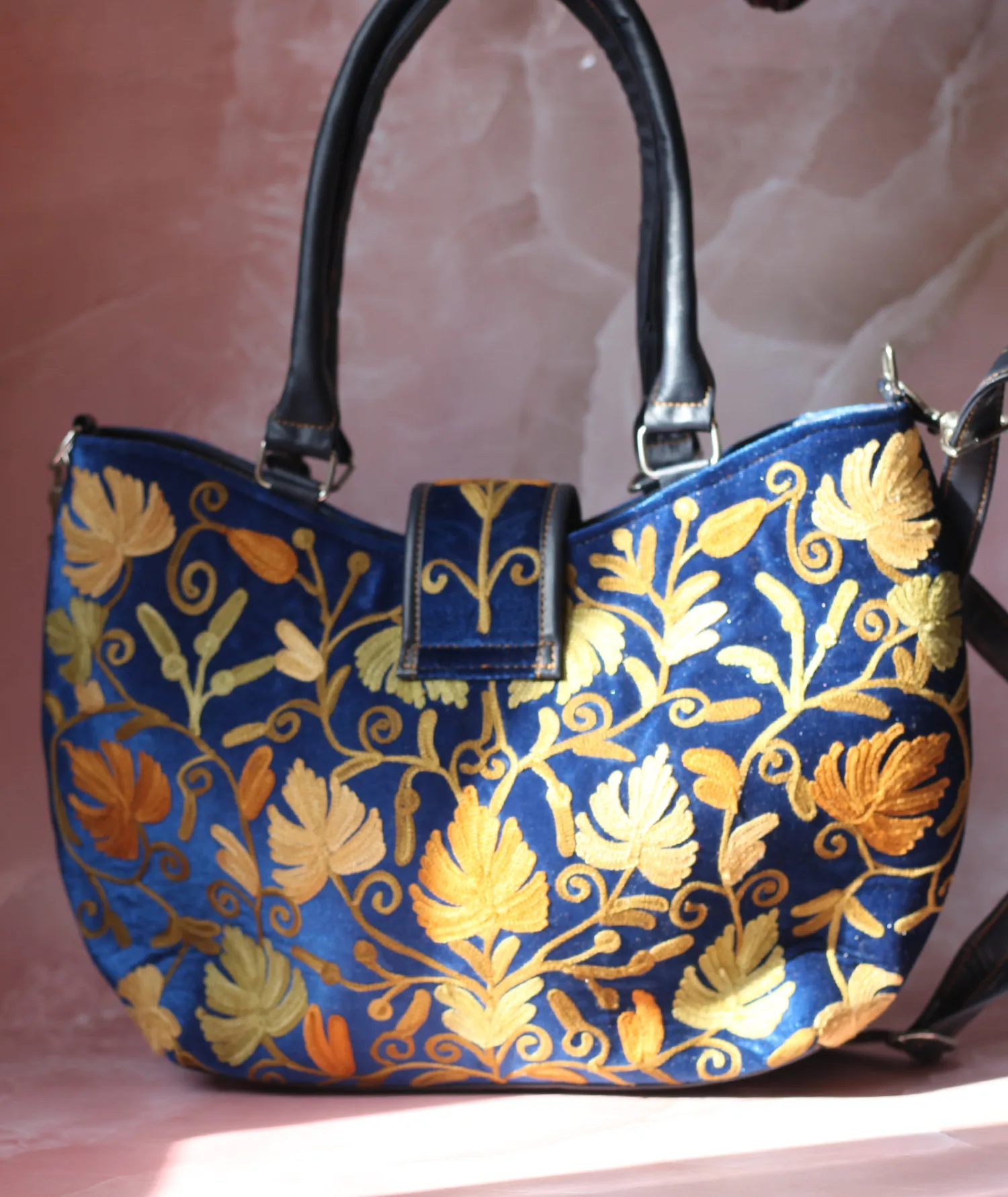 Blue Velvet Embroidered Hand Bag | Double Zip | With Free Pouch