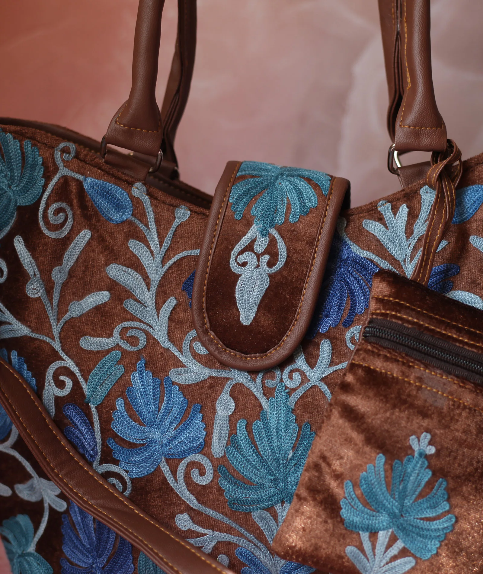 Brown Velvet Embroidered Hand Bag | Double Zip | With Free Pouch