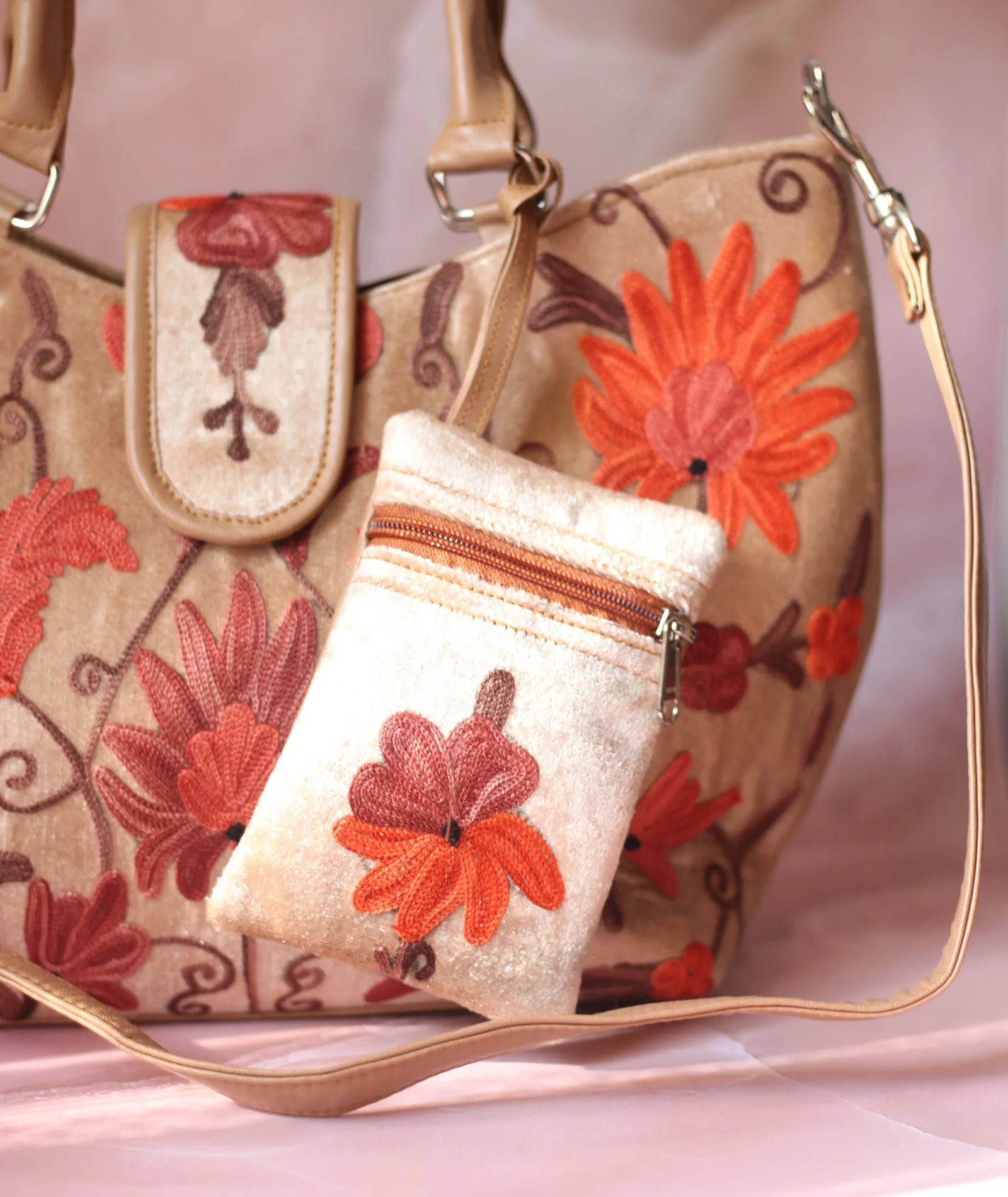 Beige Velvet Embroidered Hand Bag | Double Zip | With Free Pouch