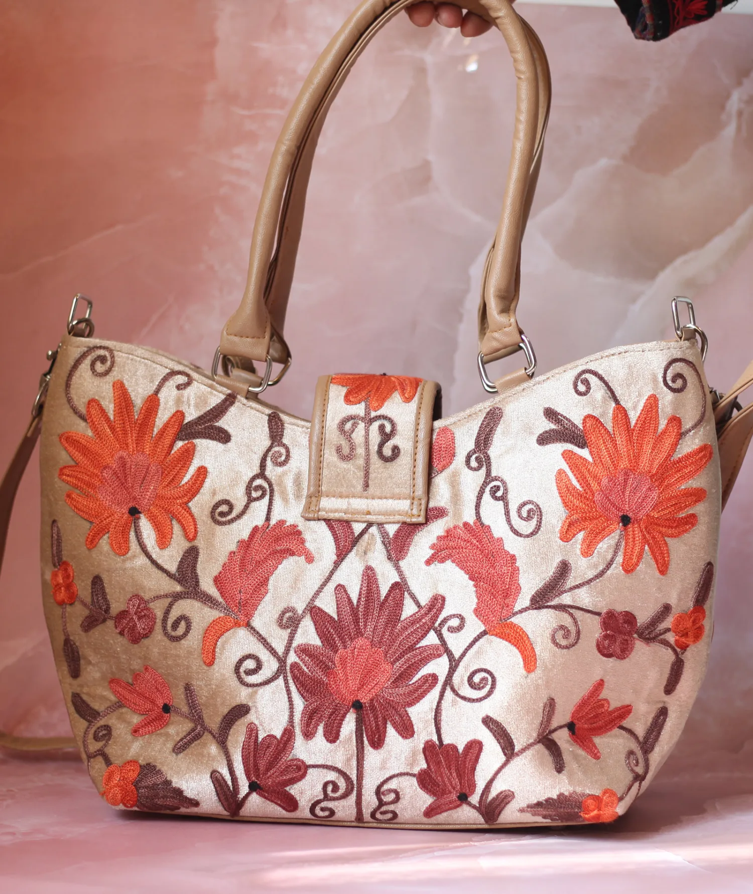 Beige Velvet Embroidered Hand Bag | Double Zip | With Free Pouch