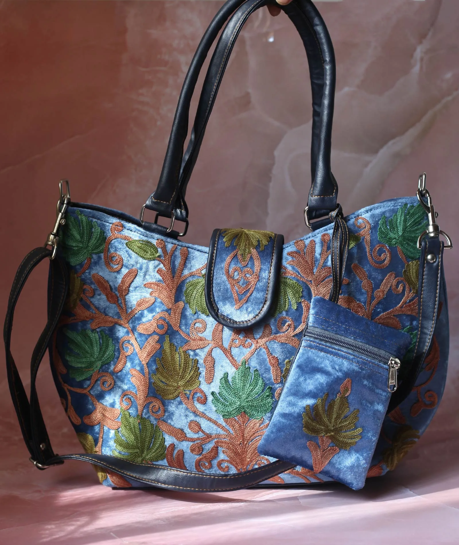 Velvet Navy Blue Embroidered Hand Bag | Double Zip | With Free Pouch