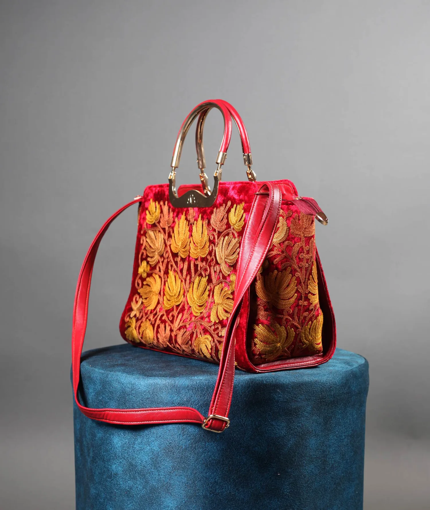 Chinar Design Aari Embroidered Red Hand Bag