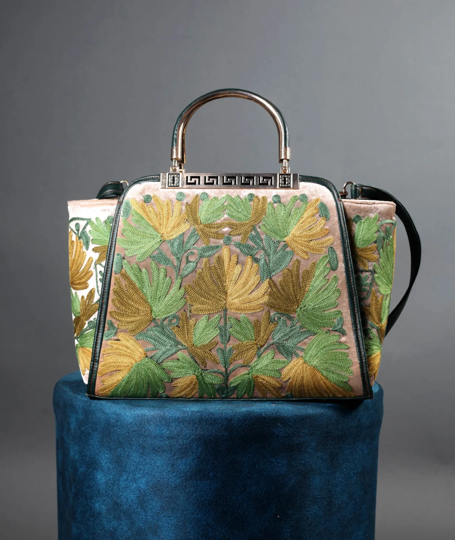 Olive Green Chinar Design Aari Embroidered Hand Bag
