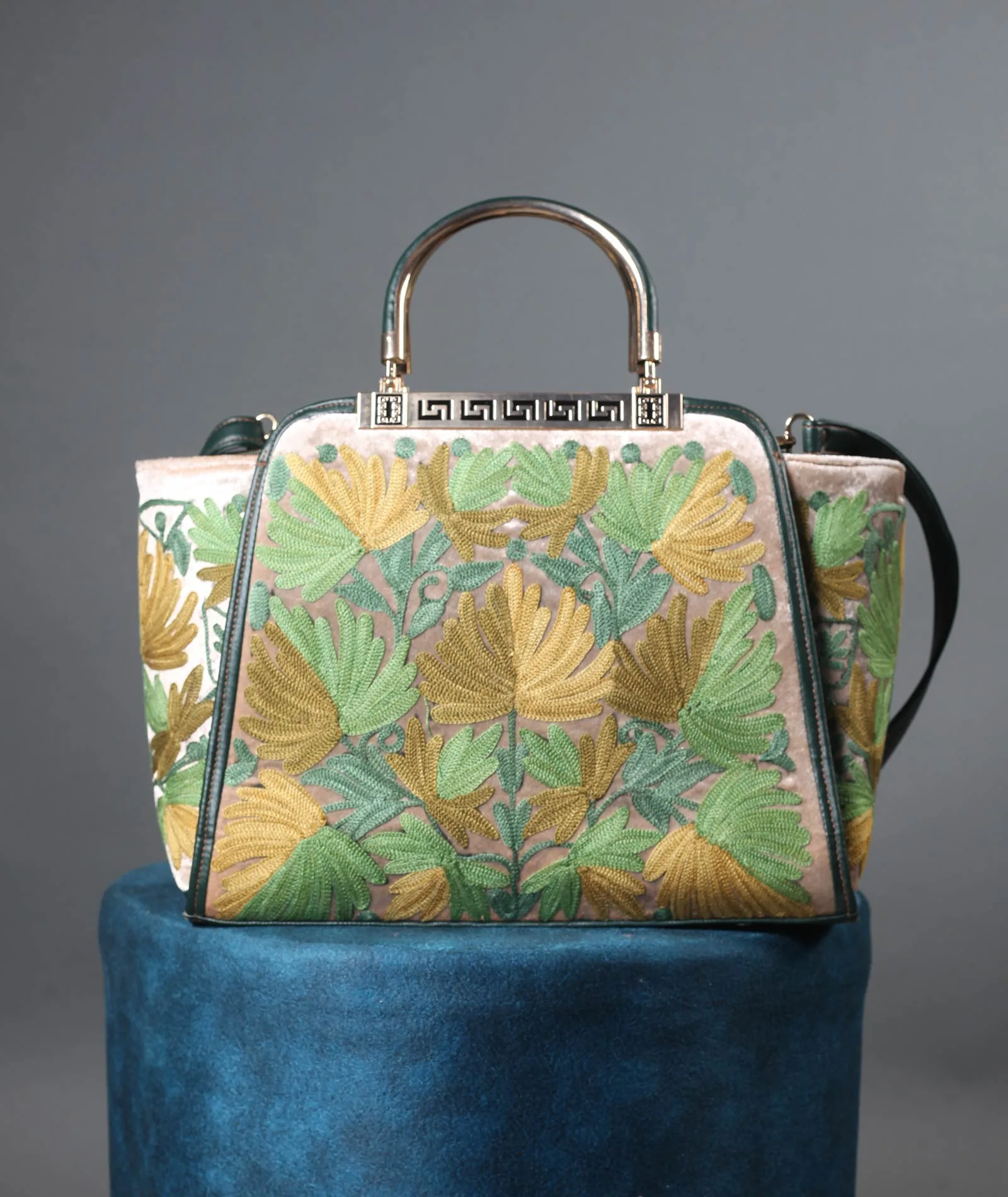 Olive Green Chinar Design Aari Embroidered Hand Bag