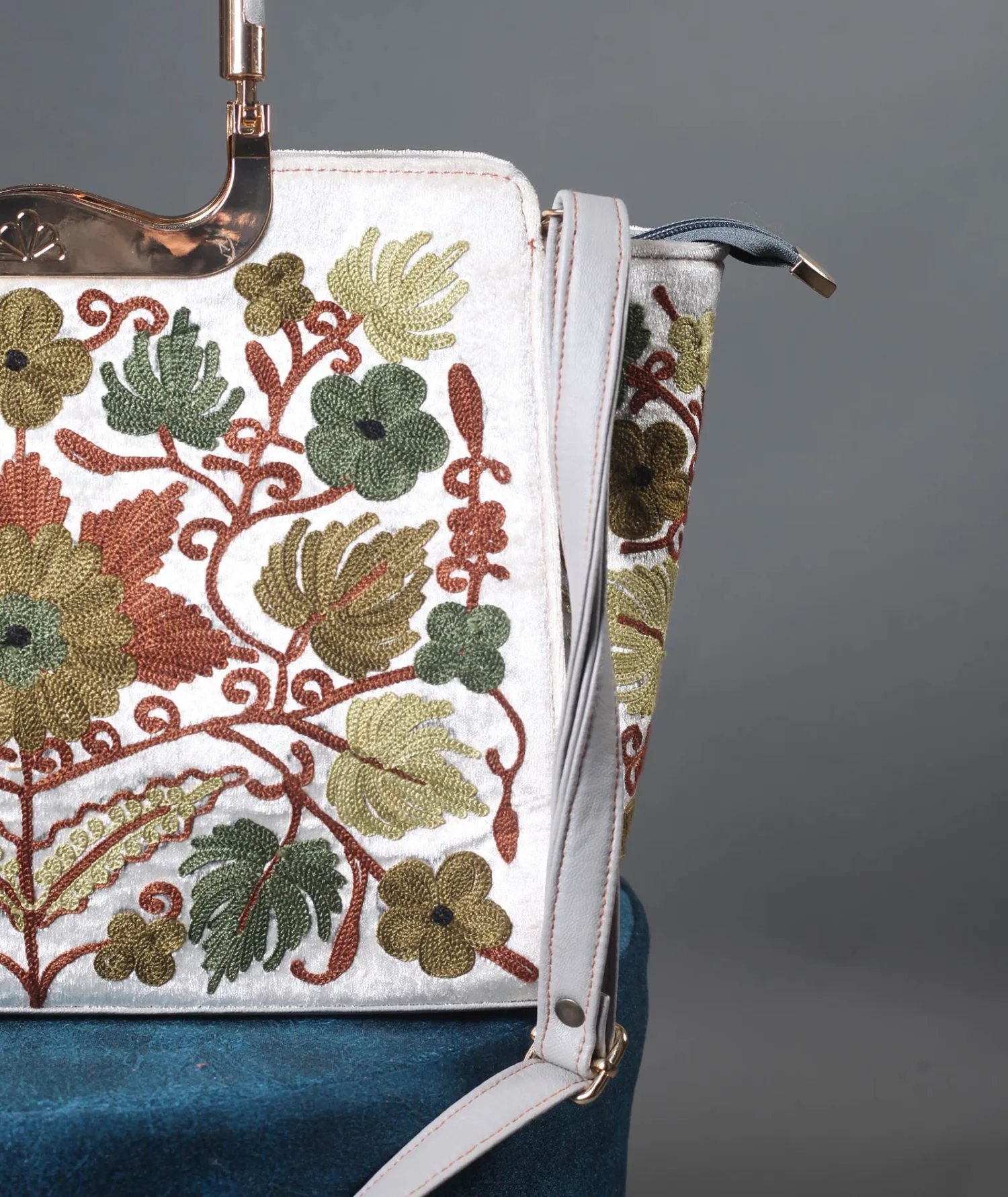 Floral Design Aari Embroidered White Hand Bag