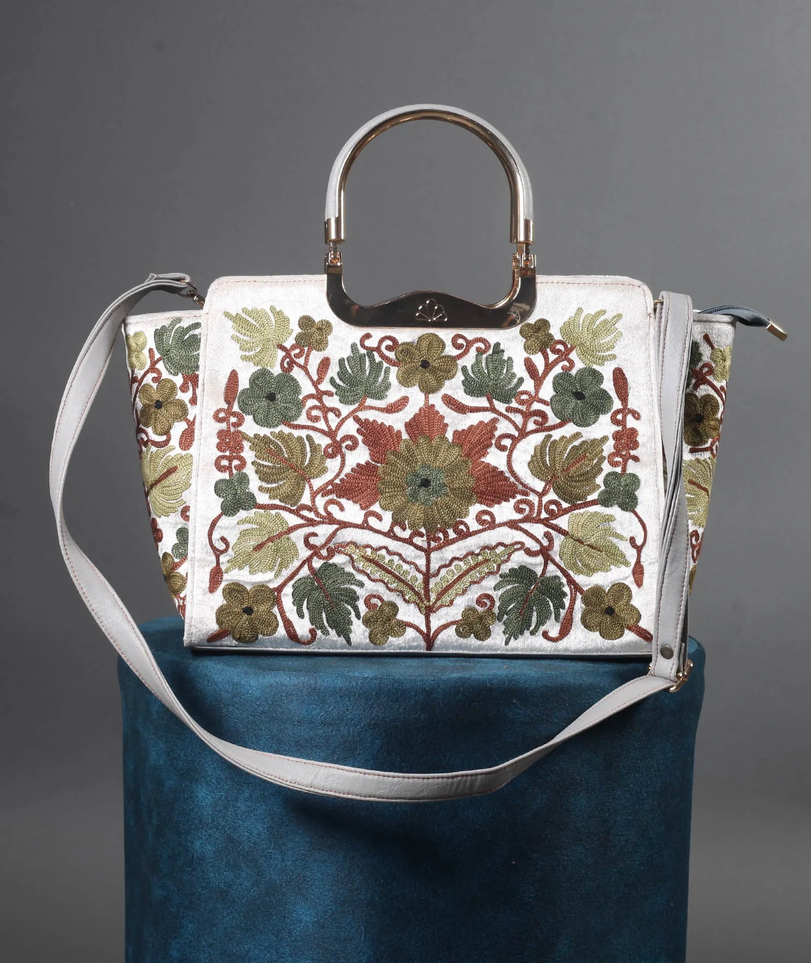 Floral Design Aari Embroidered White Hand Bag