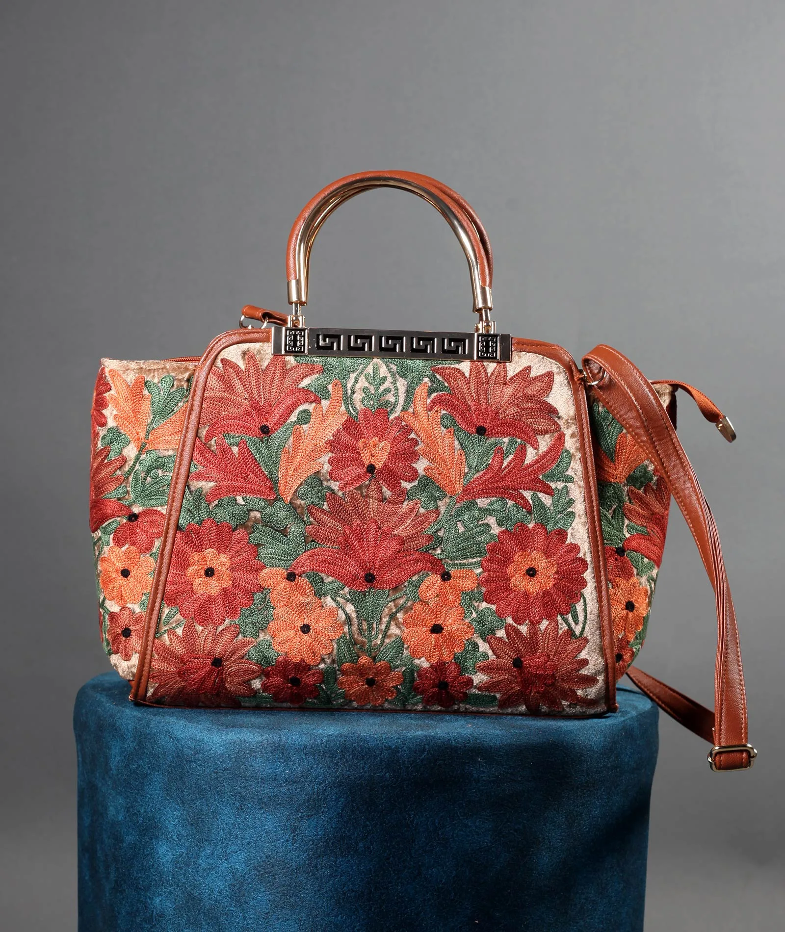 Poshkaar Design Aari Embroidered Brown Hand Bag