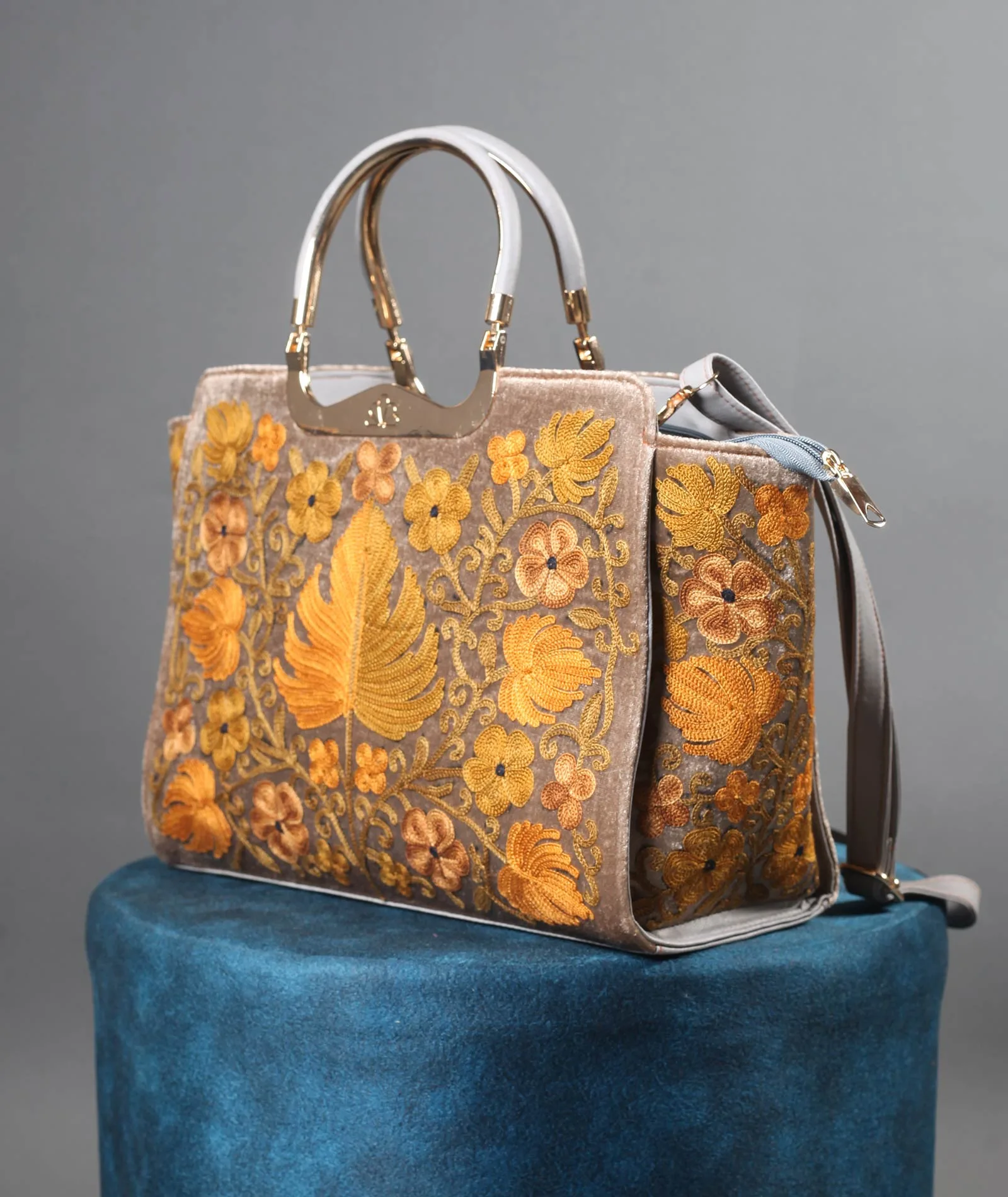 Golden Chinar Aari Embroidered Grey Hand Bag