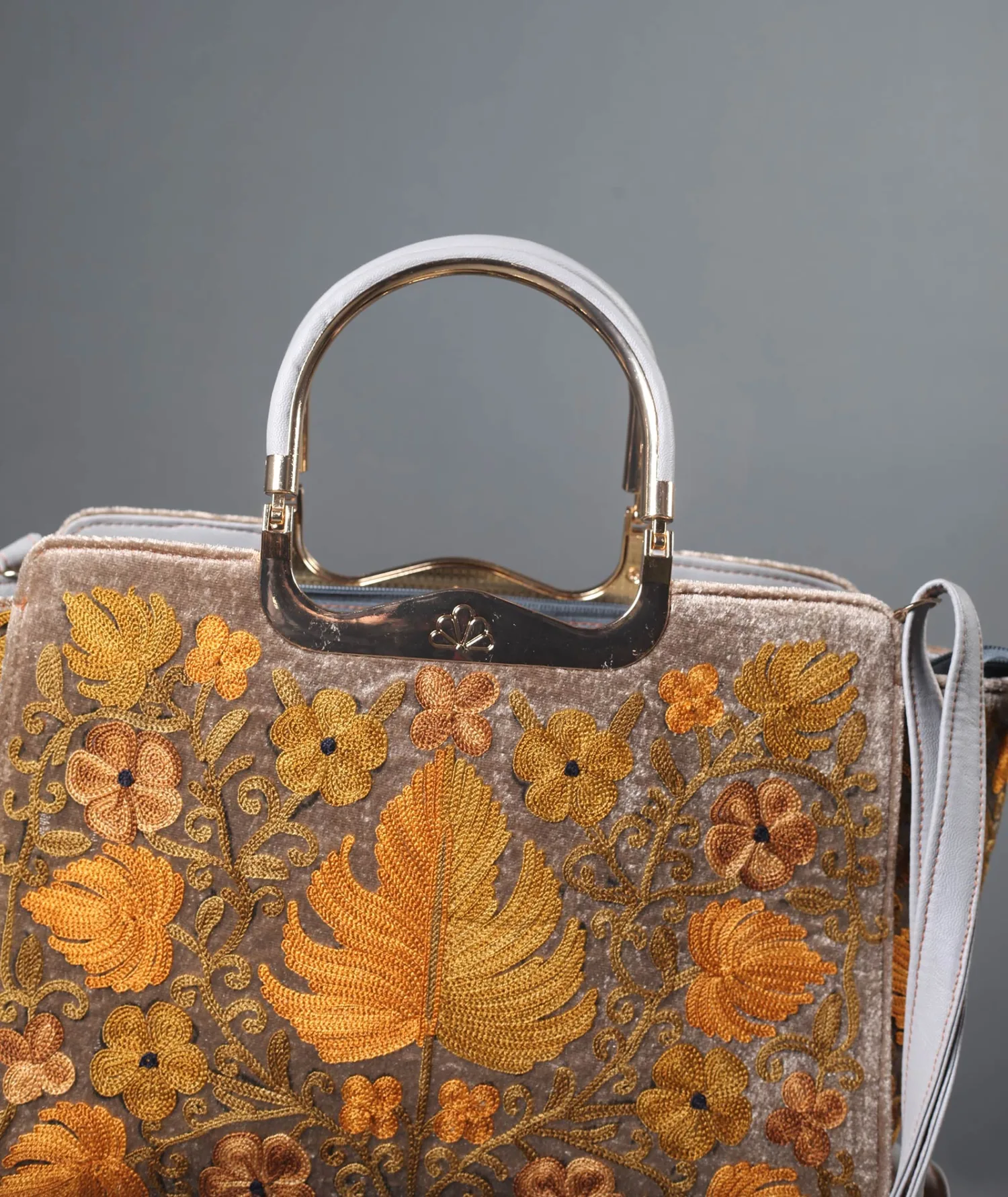 Golden Chinar Aari Embroidered Grey Hand Bag