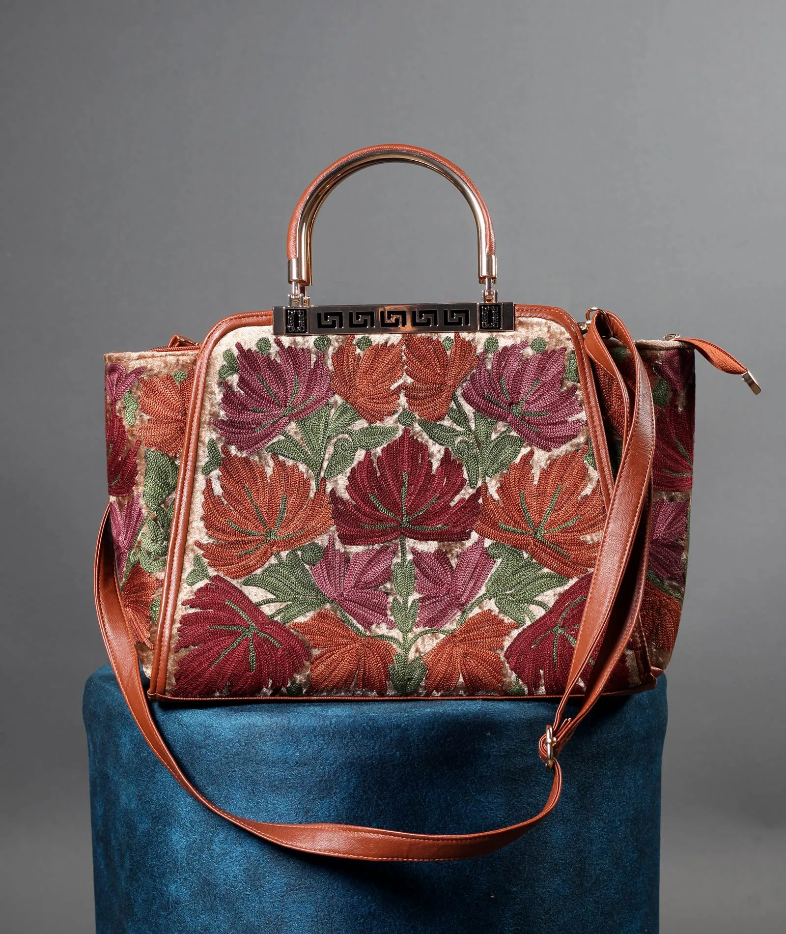Multi color Chinar Aari Embroidered Brown Hand Bag