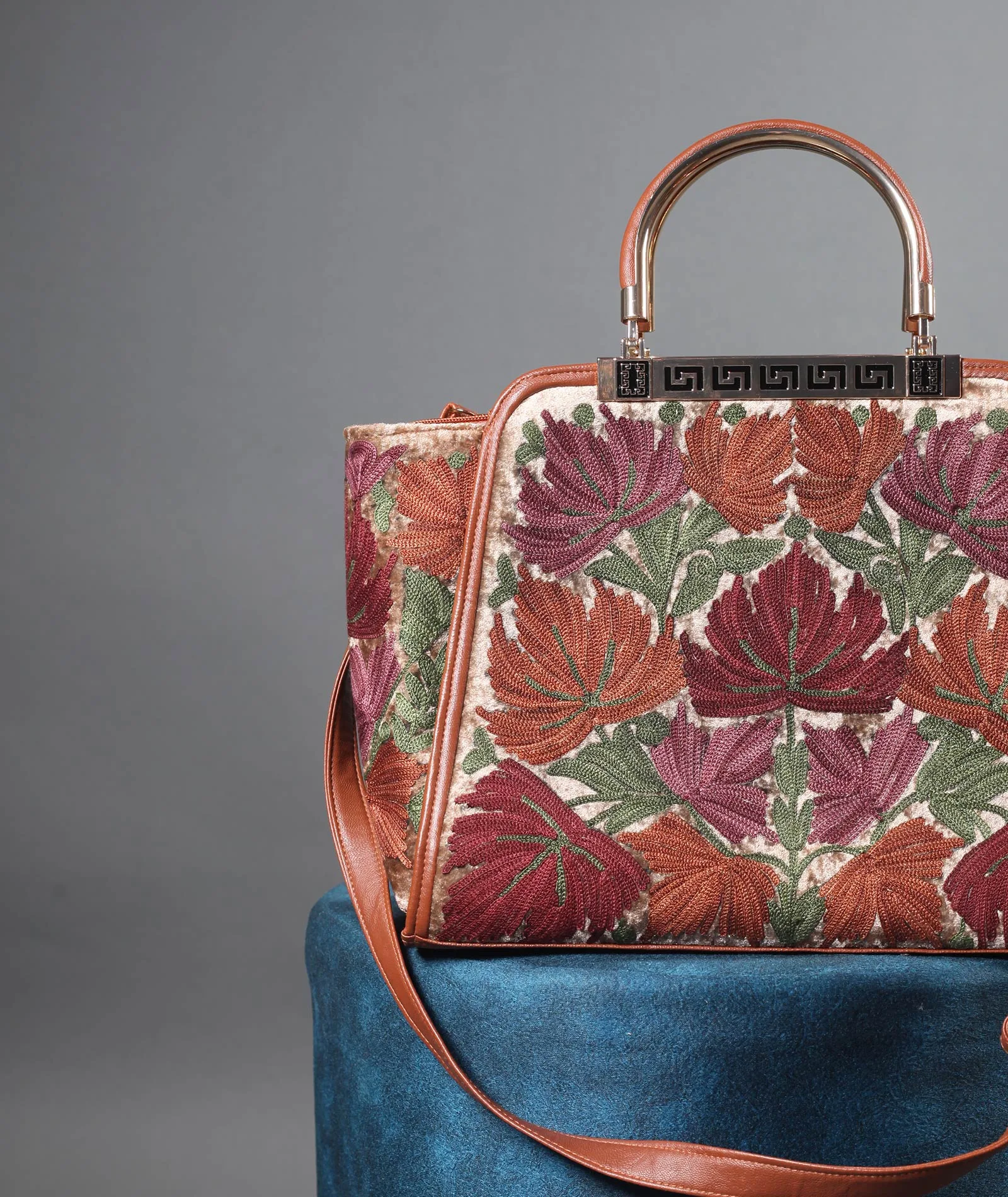 Multi color Chinar Aari Embroidered Brown Hand Bag