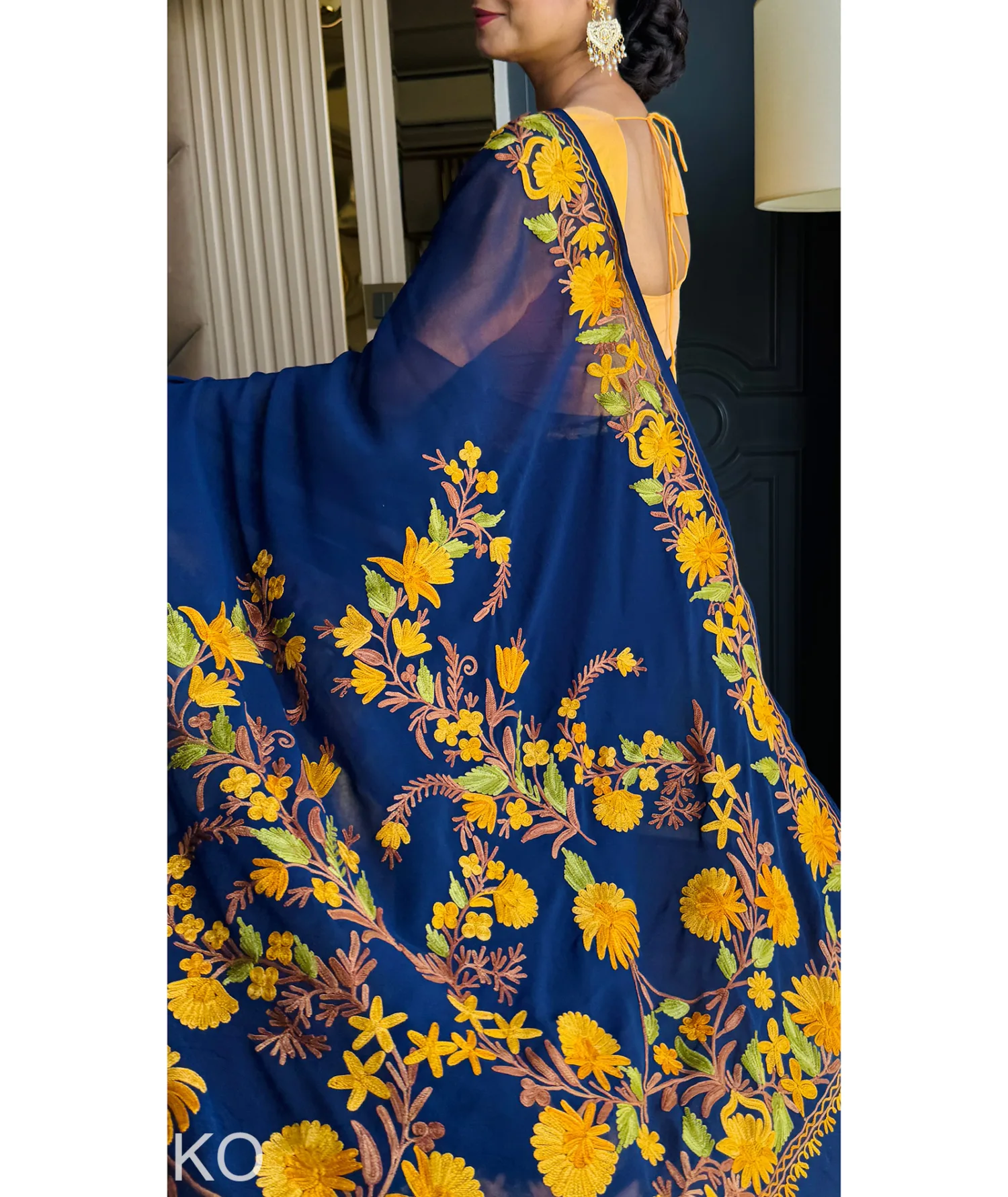 Posh Bahaar Blue Aari Embroidered Georgette Saree