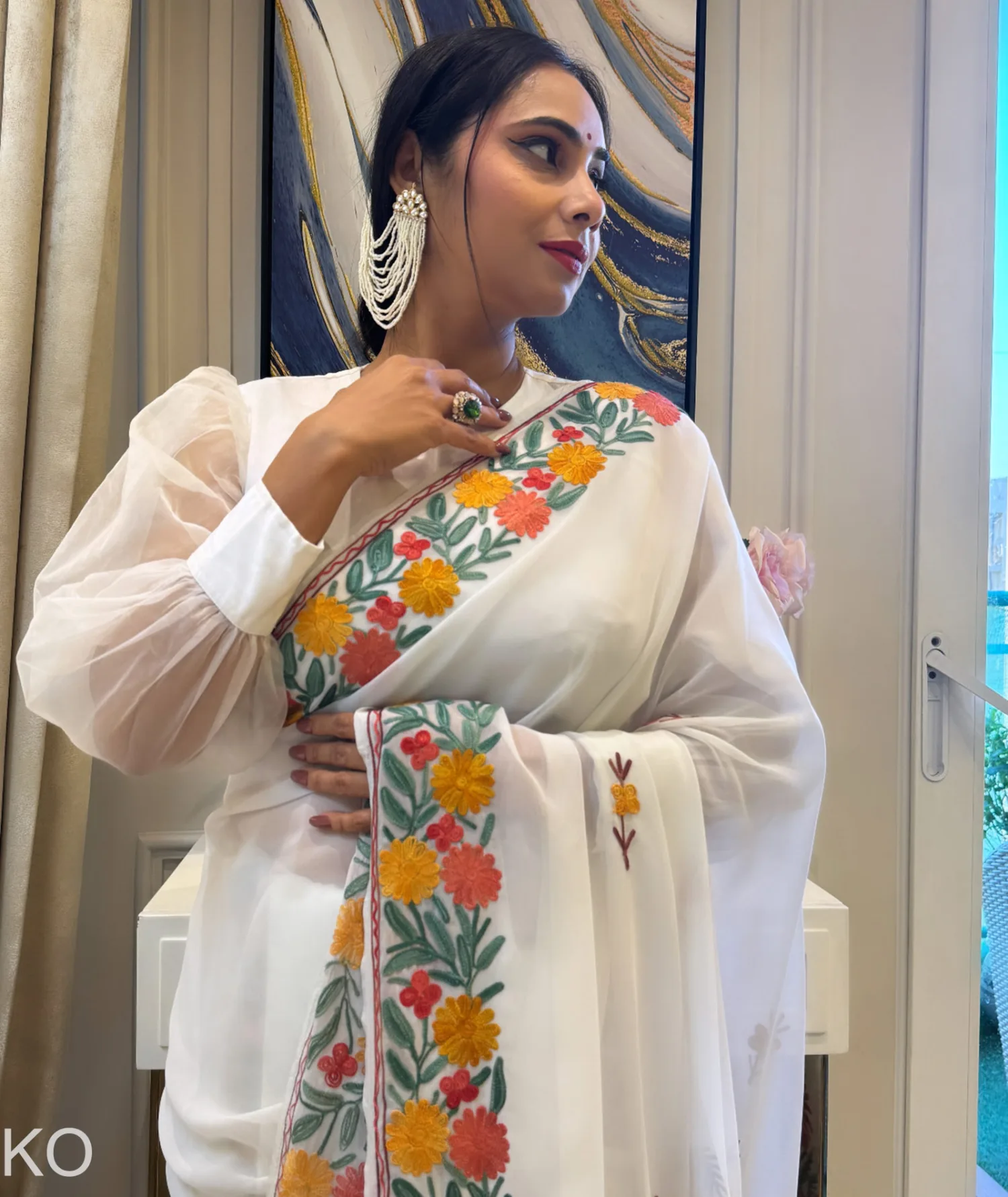 Gulbahaar Aari Embroidered White Georgette Saree