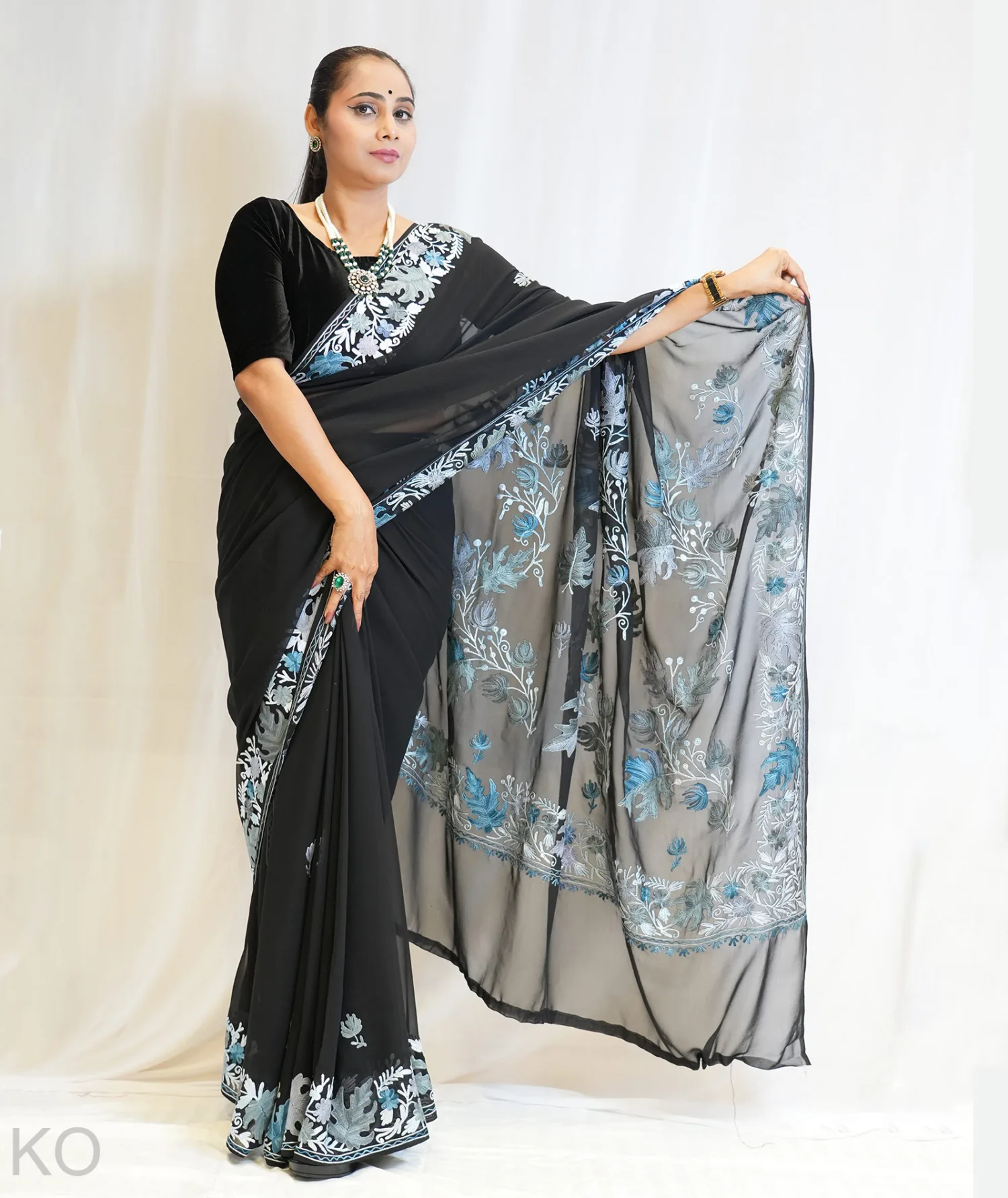 Chinar Aari Embroidered Black Georgette Saree