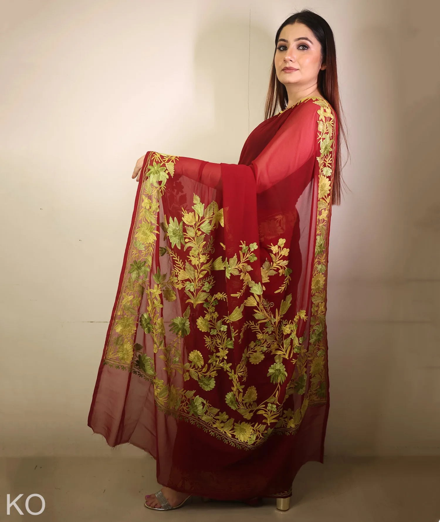 Soft Green Embroidered Maroon Georgette Saree