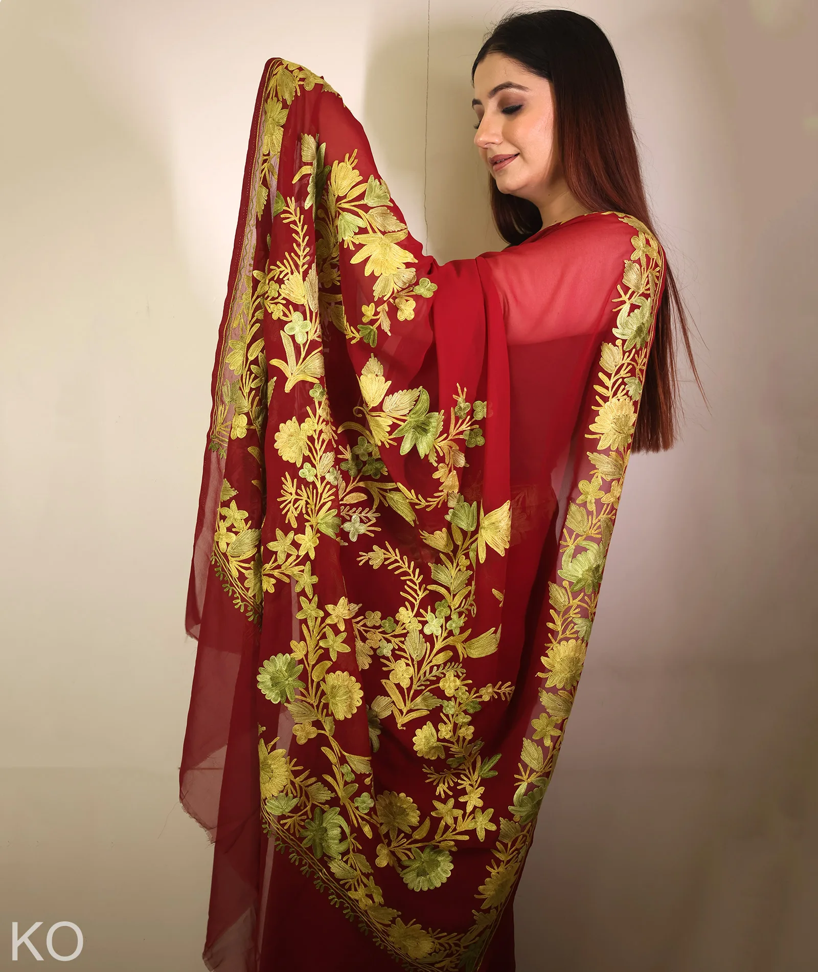 Soft Green Embroidered Maroon Georgette Saree