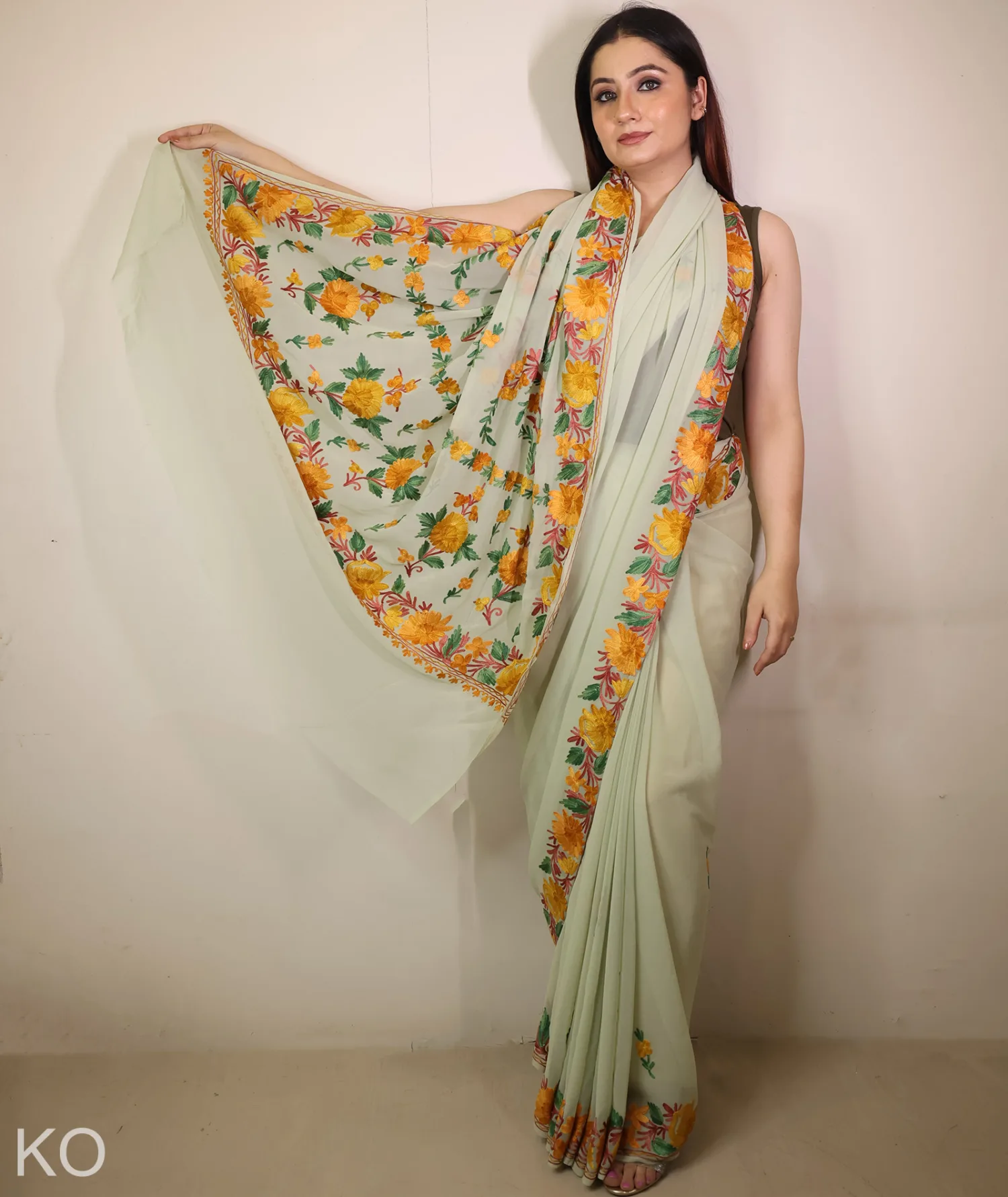 Light Olive Green Shade Embroidered Georgette Saree