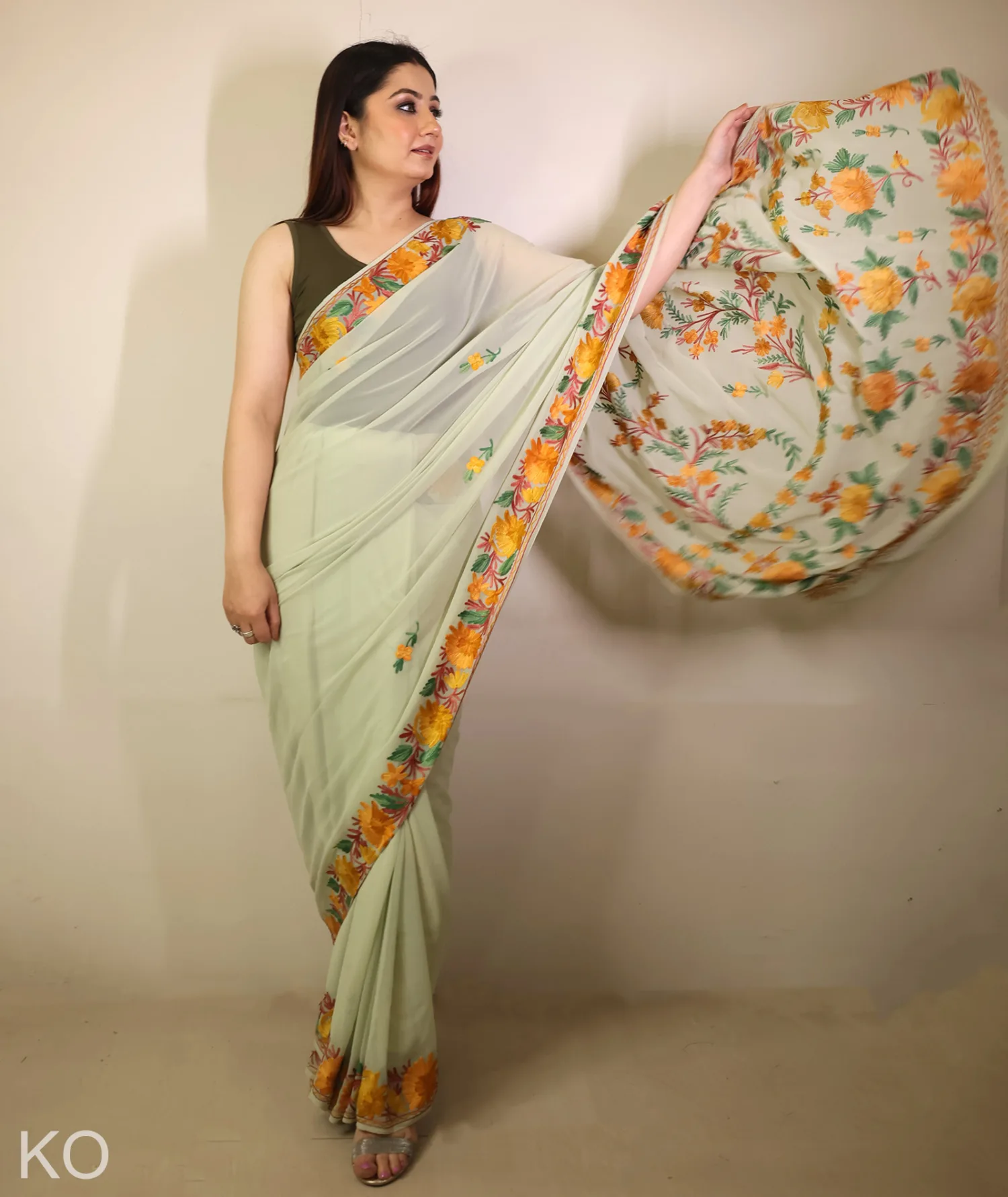 Light Olive Green Shade Embroidered Georgette Saree