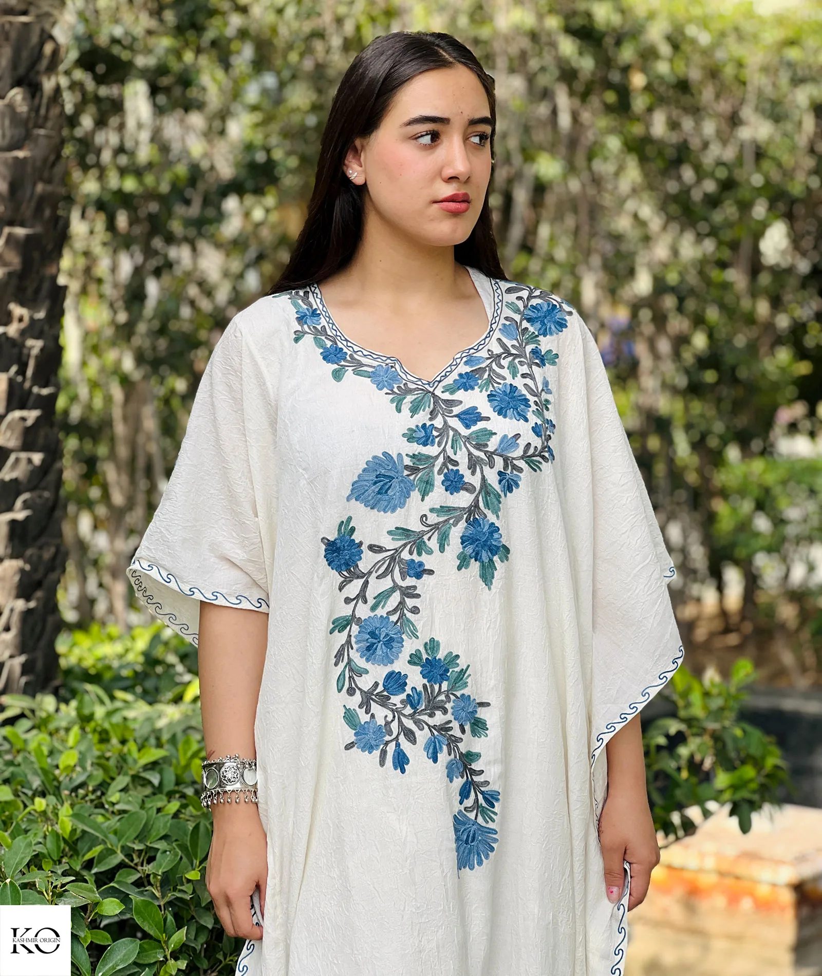 Blue Posh Thaer Design Embroidered White Cotton Kaftan