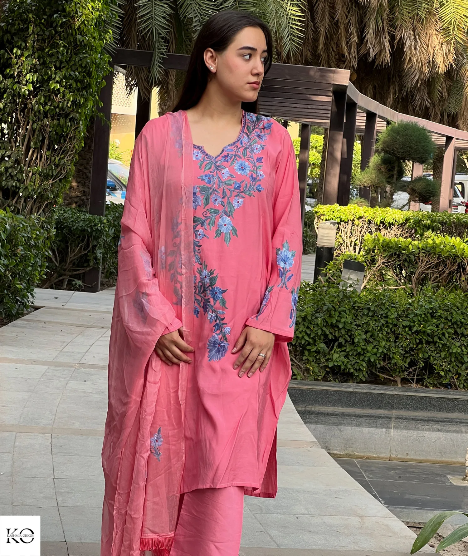 Pink & Blue Embroidered Silk Crepe Co ord Set | Full Suit with Lace Dupatta