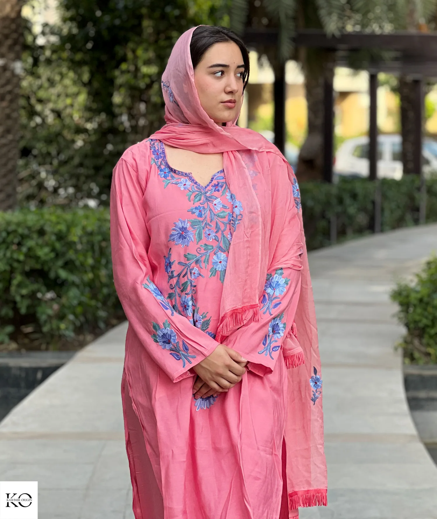 Pink & Blue Embroidered Silk Crepe Co ord Set | Full Suit with Lace Dupatta