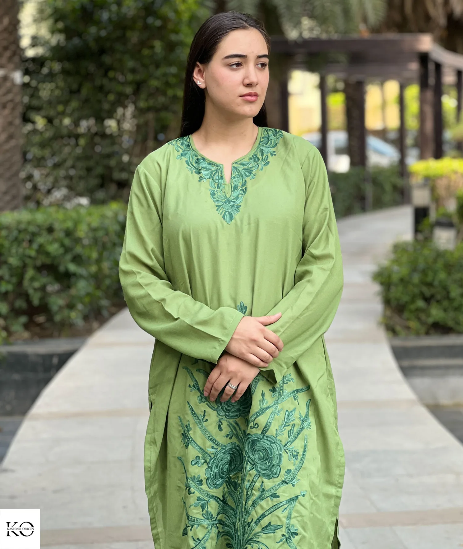 Green Tone on Tone Embroidered Cotton Co ord Set | Full Suit