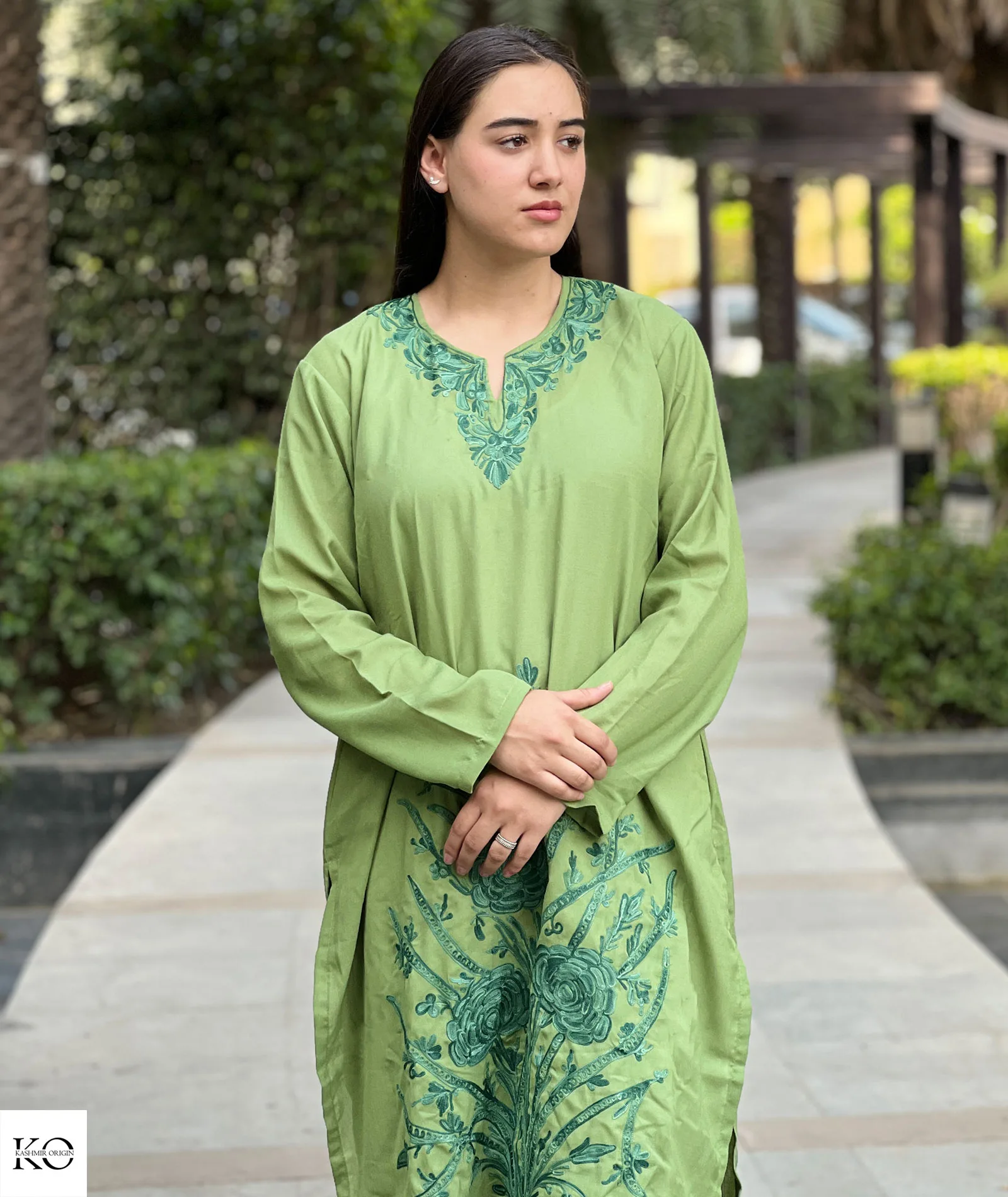 Green Tone on Tone Embroidered Cotton Co ord Set | Full Suit