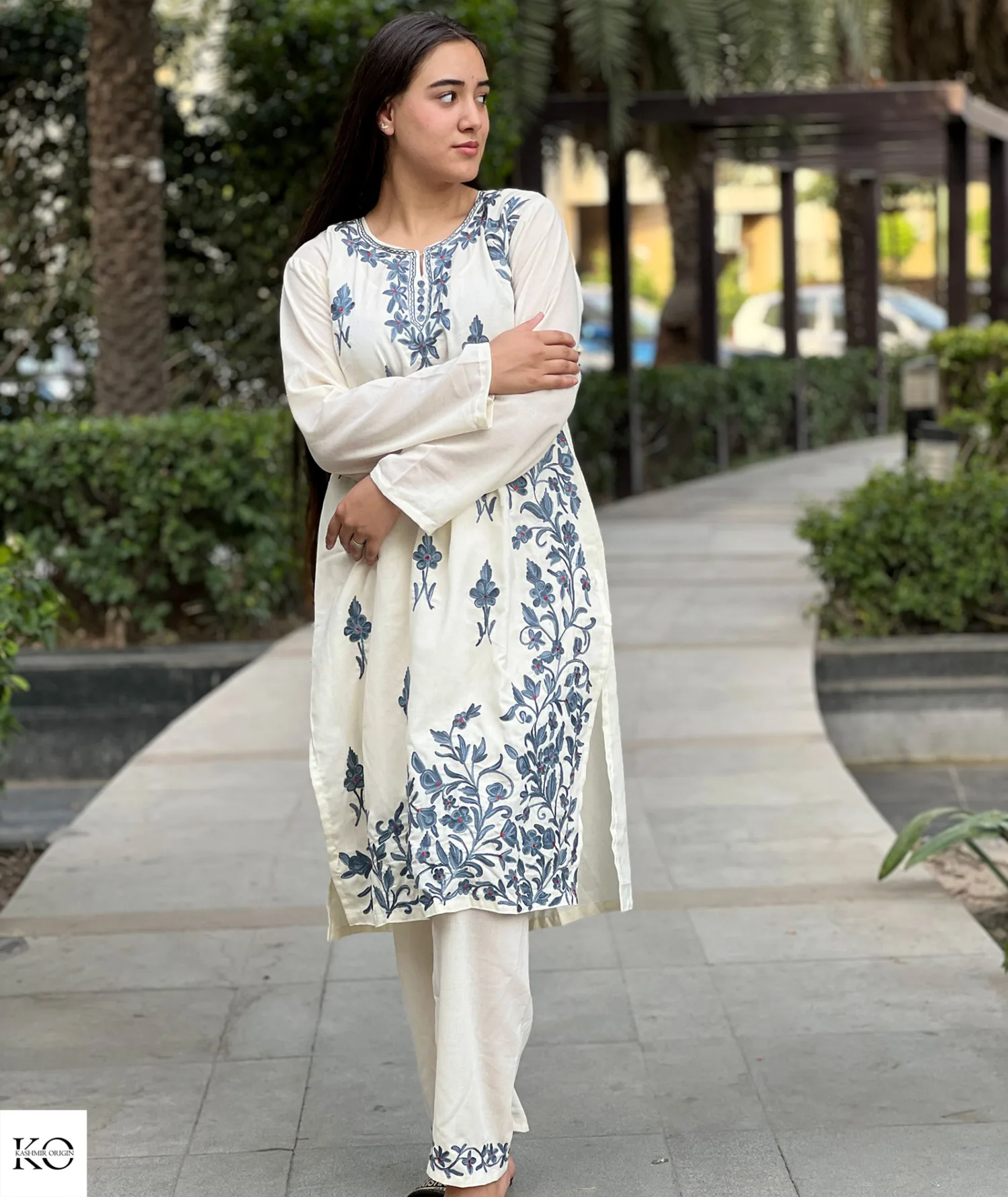 White With Grey Embroiderey Cotton Co ord Set | Full Suit