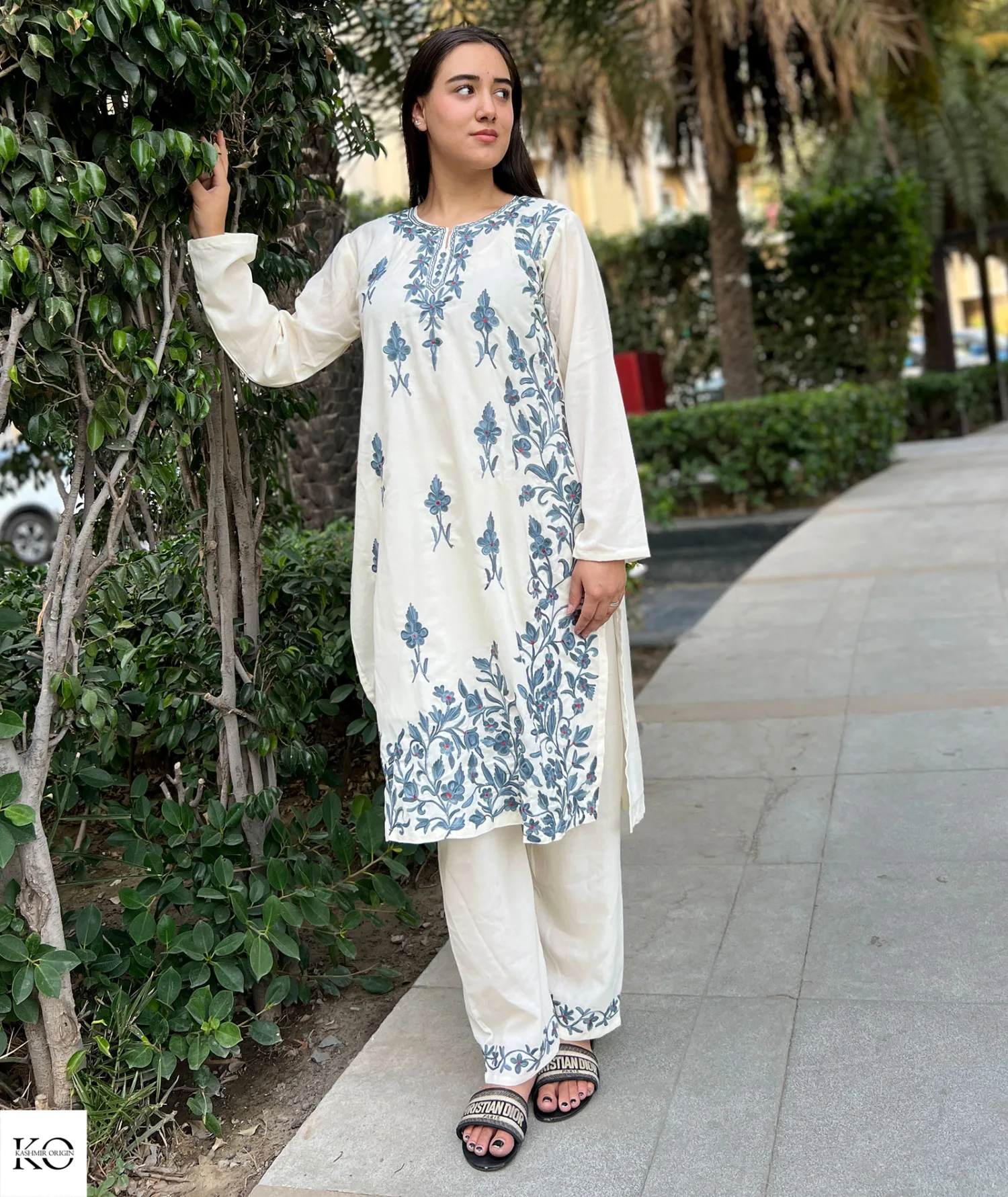 White With Grey Embroiderey Cotton Co ord Set | Full Suit