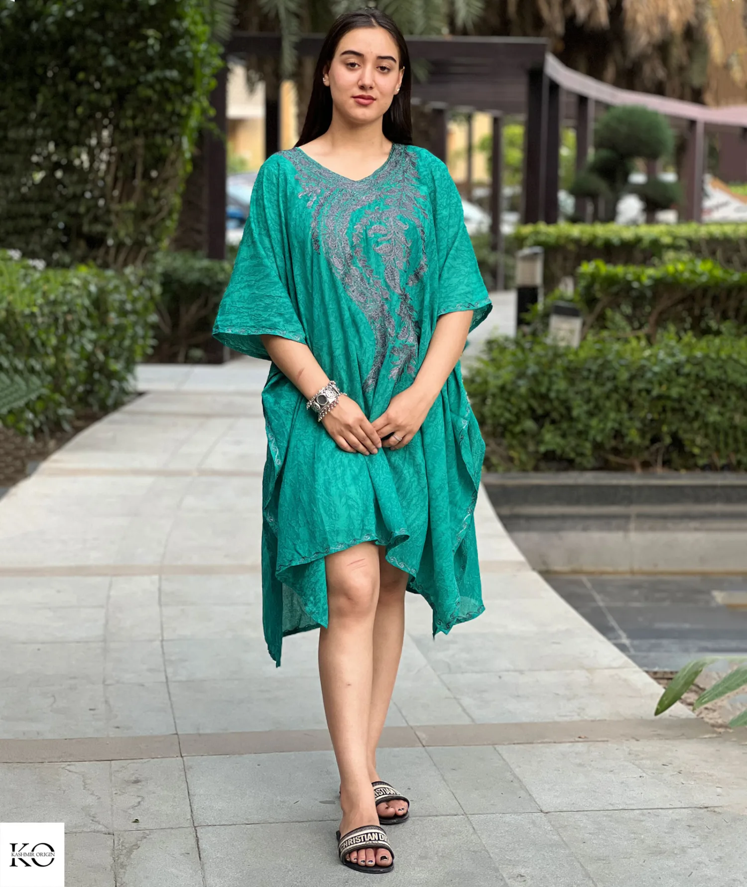 Forest Green with Black Zari Embroidered Short Kaftan