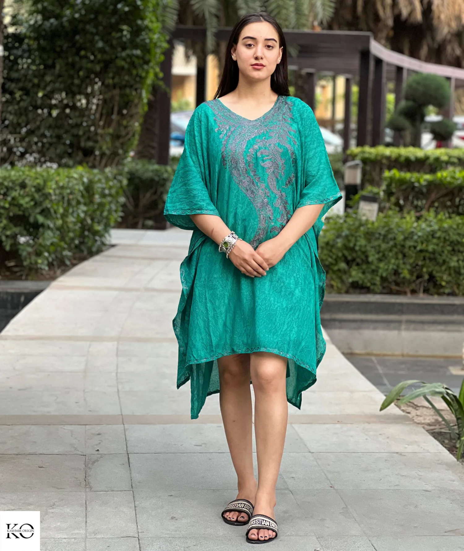 Forest Green with Black Zari Embroidered Short Kaftan