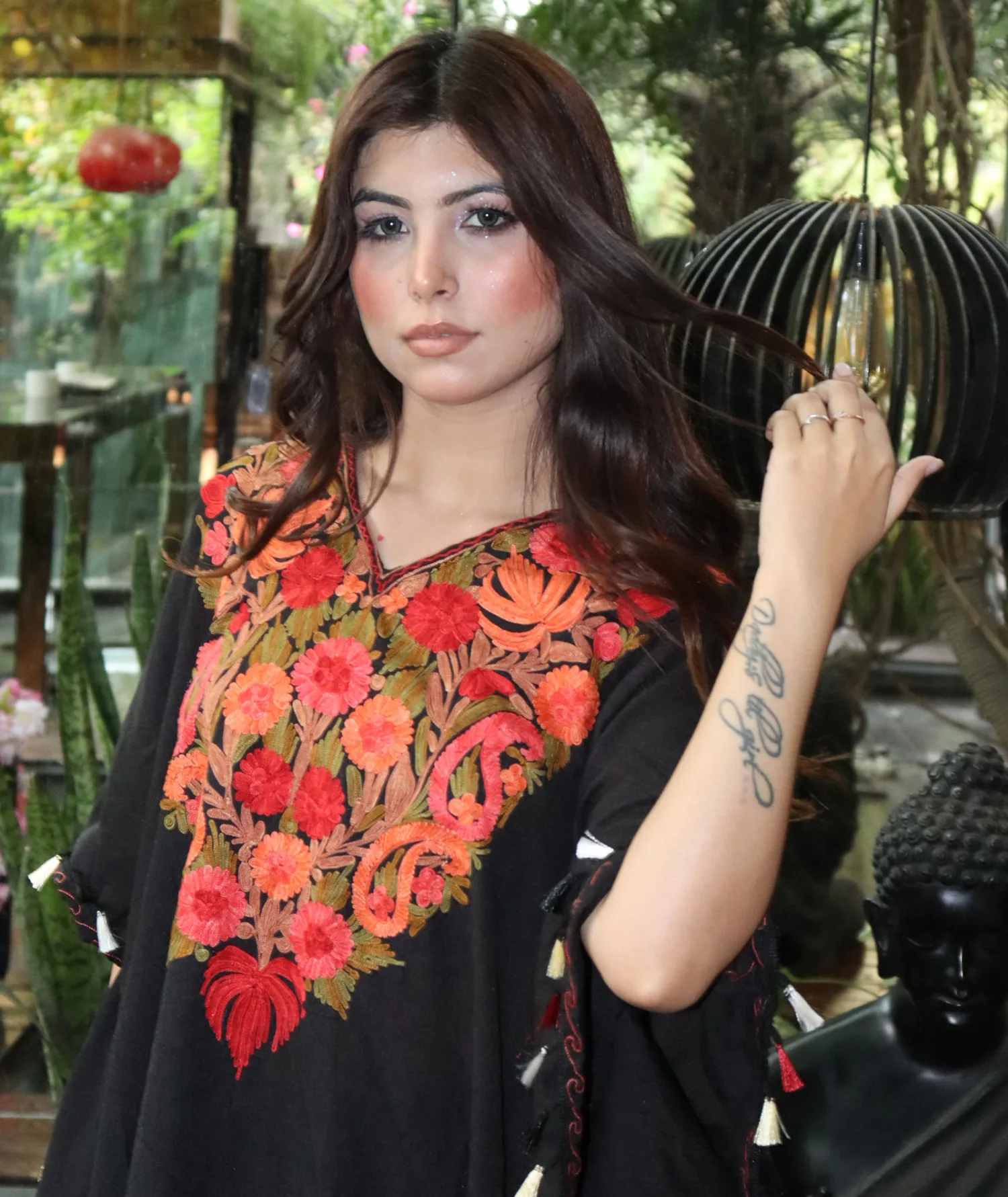 Black Aari Embroidered Cotton Lace Kaftan
