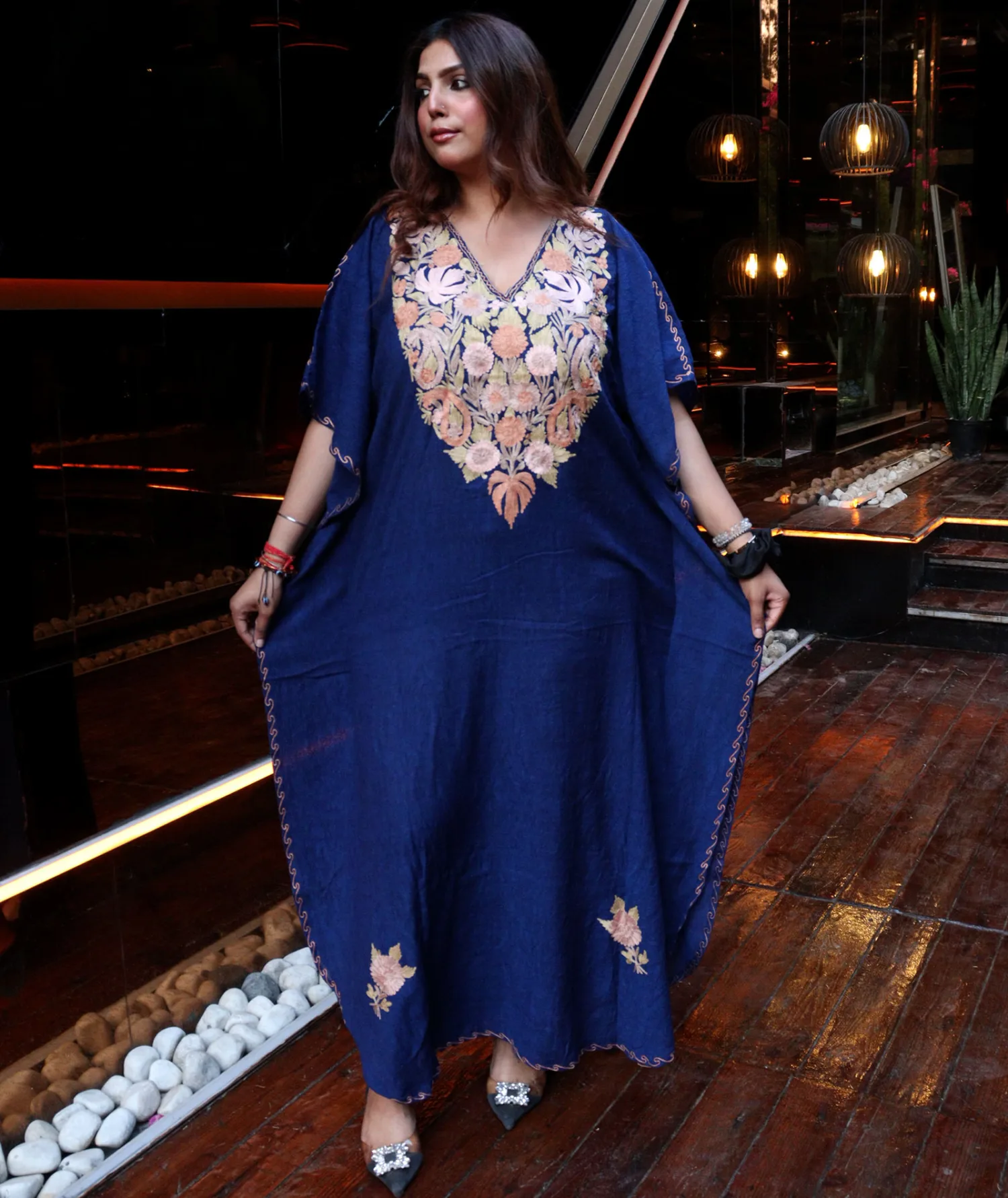 Royal Blue Aari Embroidered Cotton Kaftan