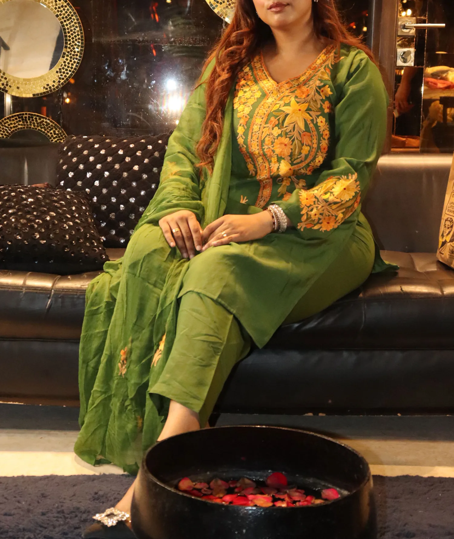 Green Base Aari Embroidered Silk Crepe Suit With Dupatta