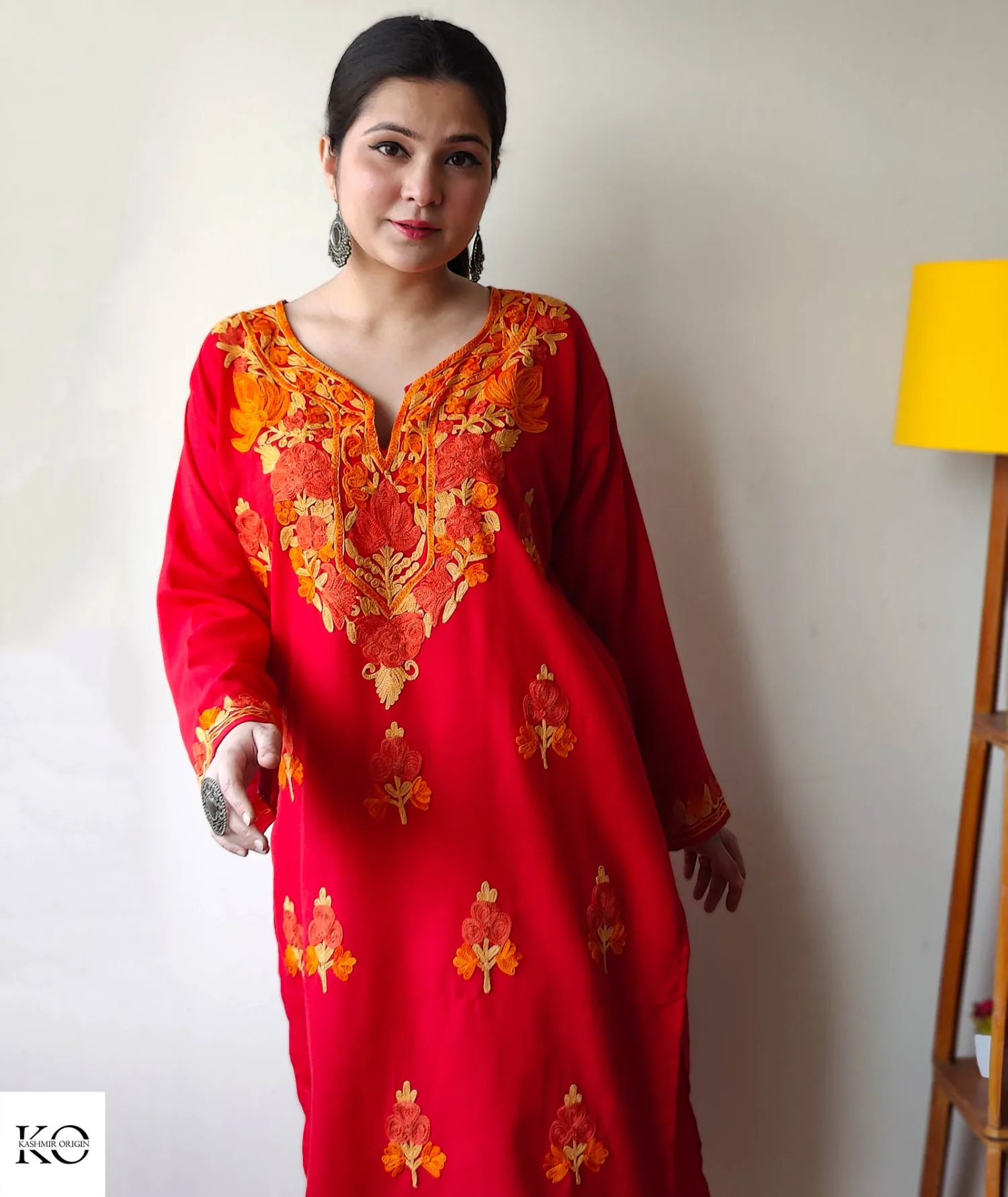 Red & Yellow Aari Embroidered Bootidaar Cotton Co ord Set
