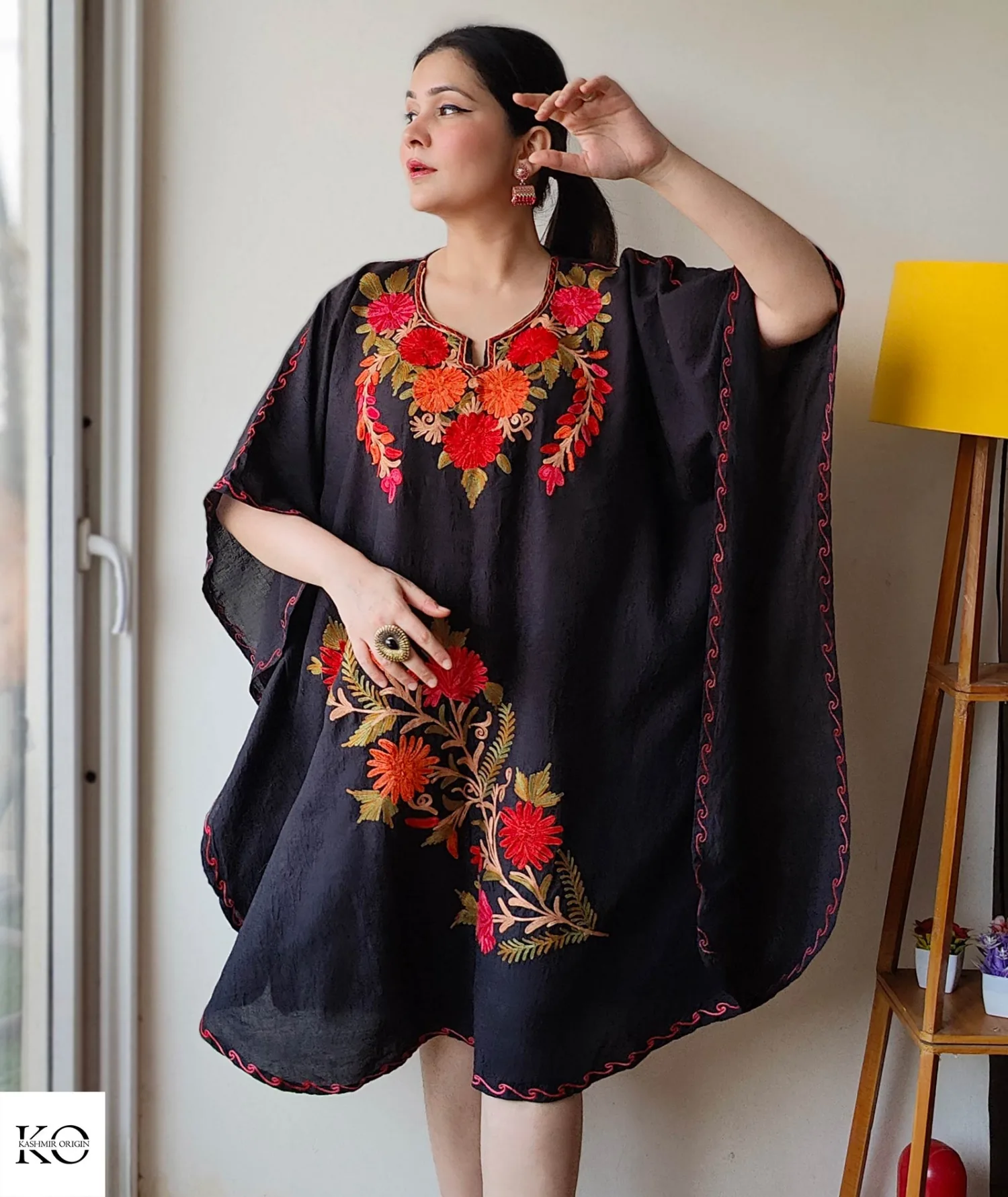 Posh thaer Design Aari Embroidered Black Cotton Short Kaftan