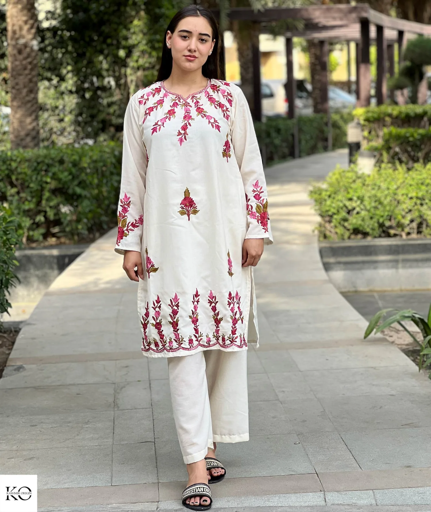 Floral Red Embroidered White Base Cotton Co ord Set | Full Suit