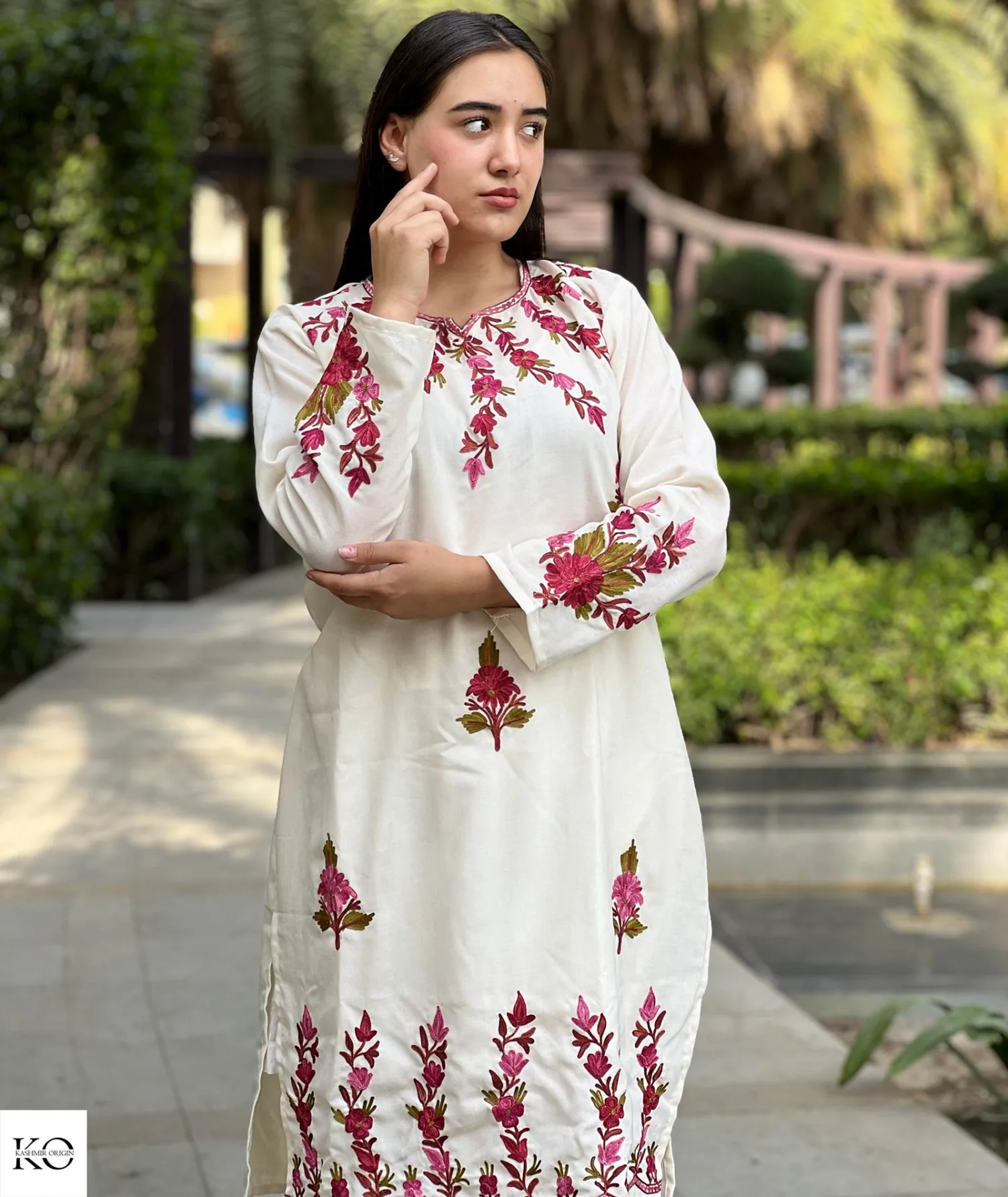 Floral Red Embroidered White Base Cotton Co ord Set | Full Suit