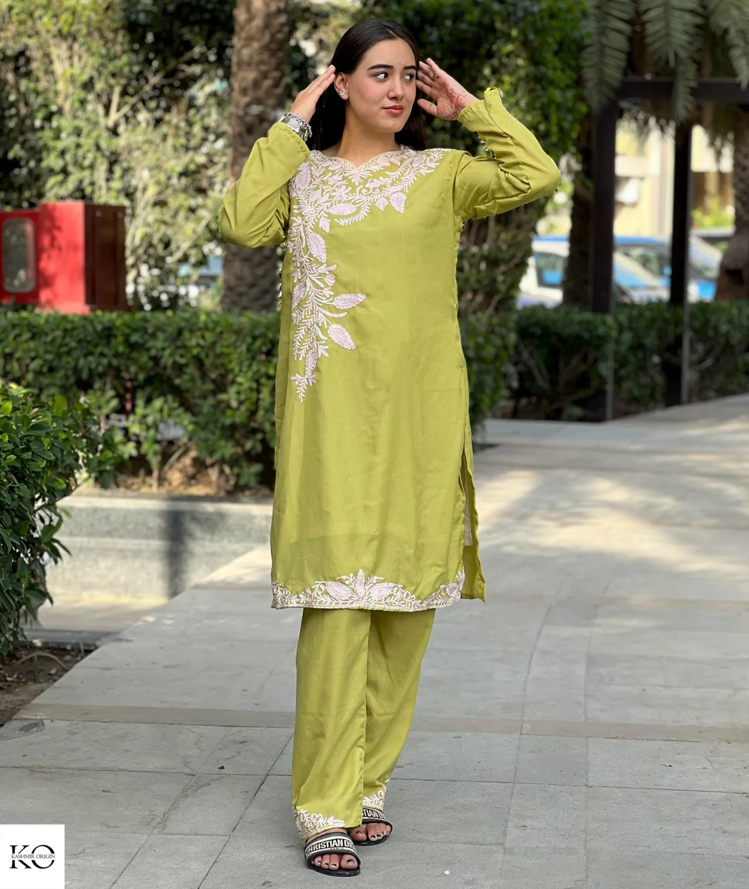 White Leaf Embroidered Green Base Cotton Co ord Set | Full Suit