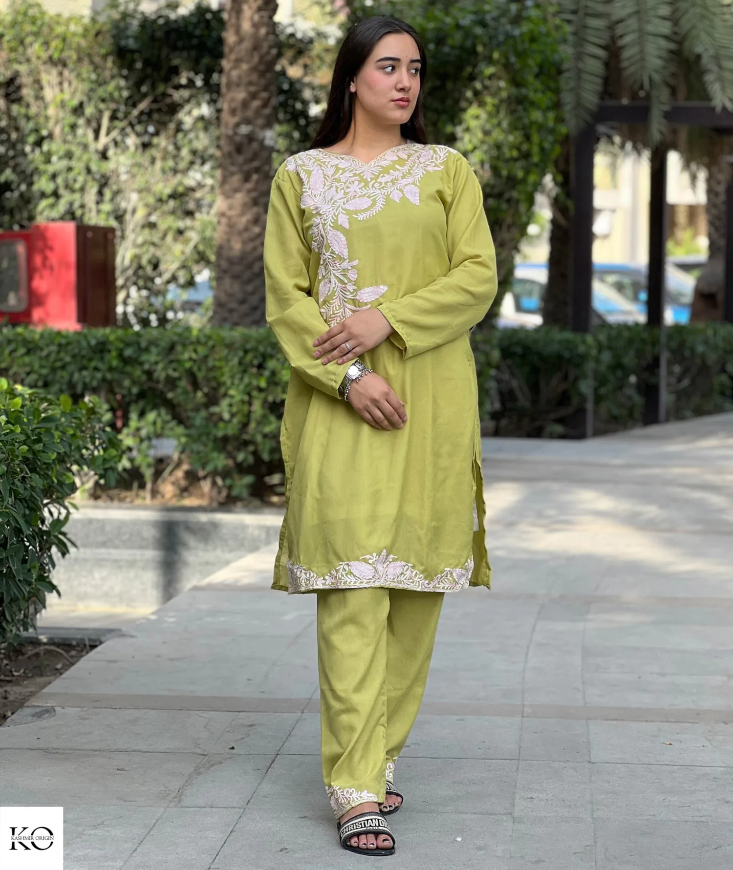 White Leaf Embroidered Green Base Cotton Co ord Set | Full Suit