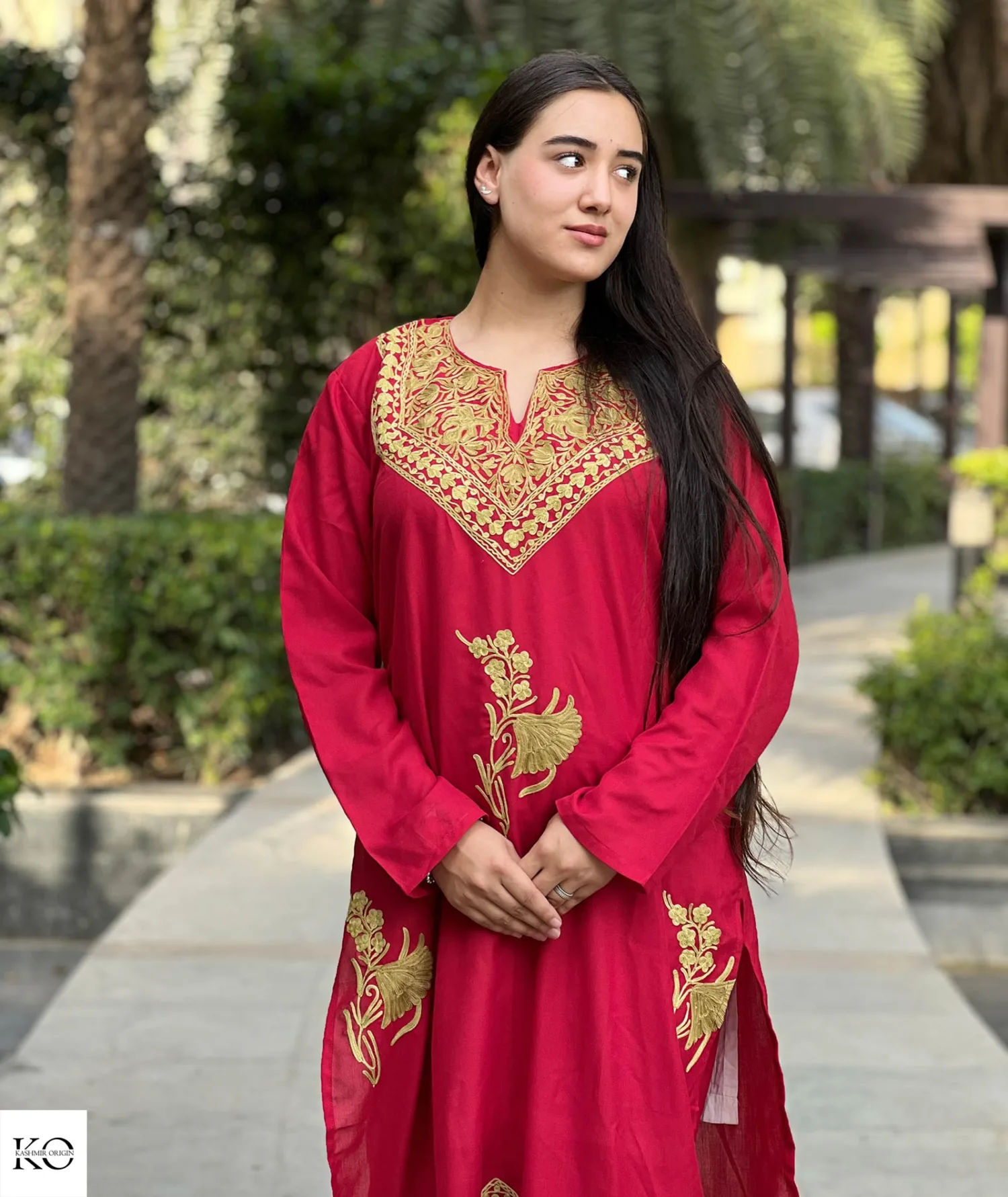 Green Embroidered Red Base Cotton Co ord Set | Full Suit