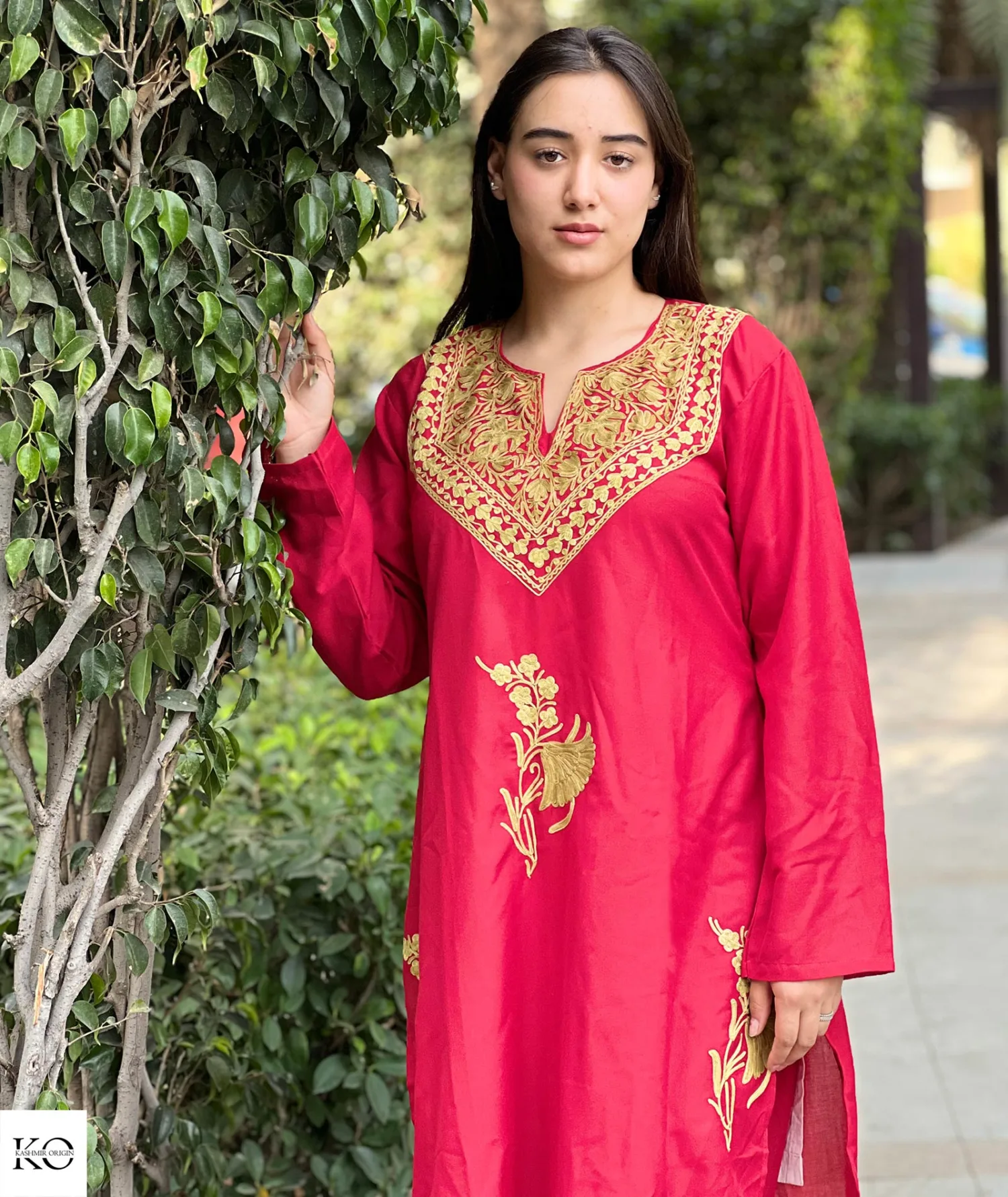 Green Embroidered Red Base Cotton Co ord Set | Full Suit