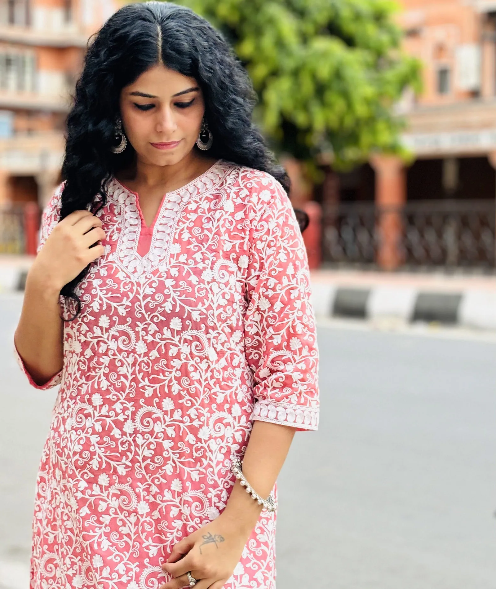 Pink and White Full Embroidered Georgette Long Dress