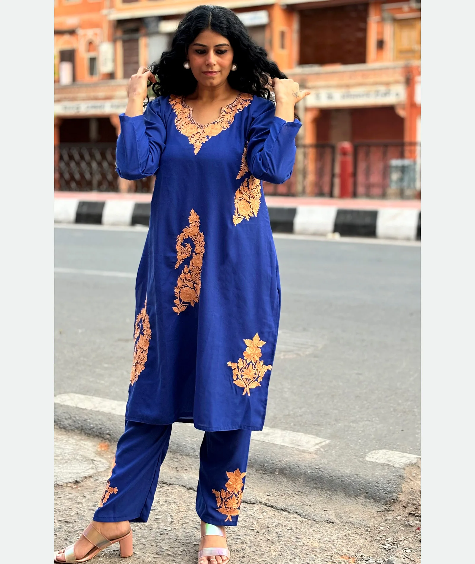 Blue Embroidered Cotton Co ord Set | Full Suit